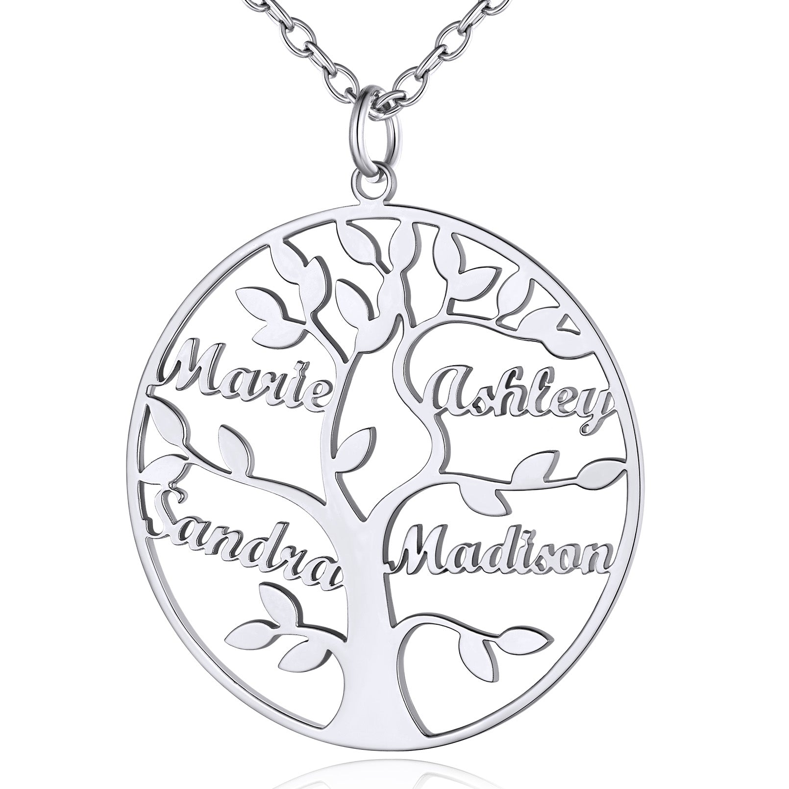 Collier Personnalisé Rond Arbre de Vie avec 4 Noms pour Famille Argenté