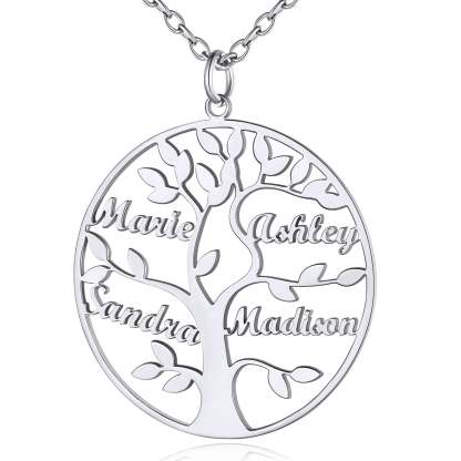 Collier Personnalisé Rond Arbre de Vie avec 4 Noms pour Famille Argenté