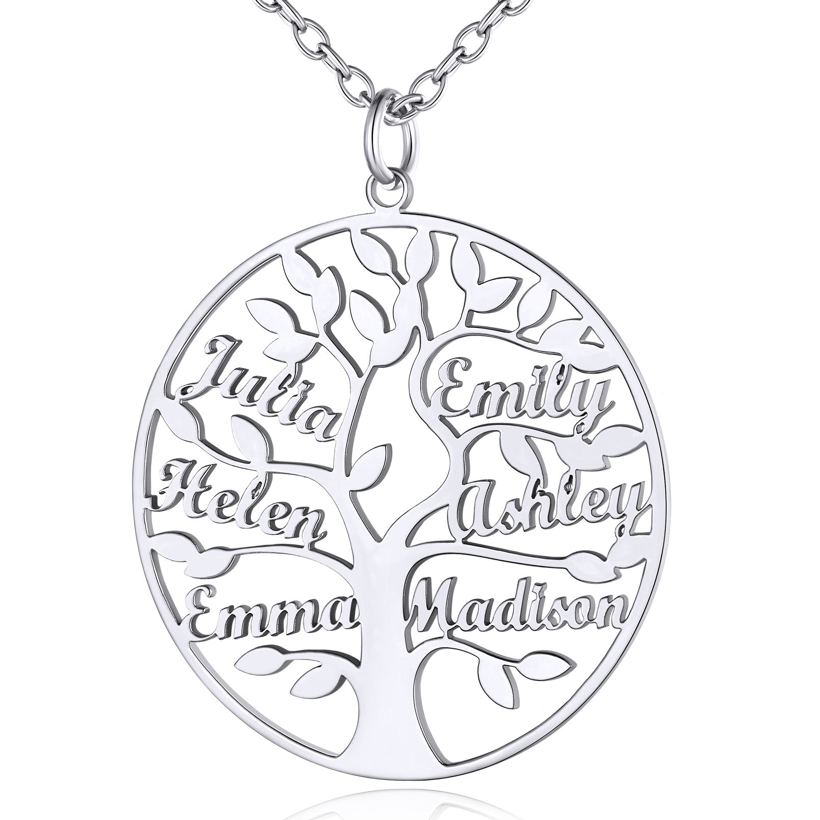 Collier Personnalisé Rond Arbre de Vie avec 6 Noms pour Famille Argenté