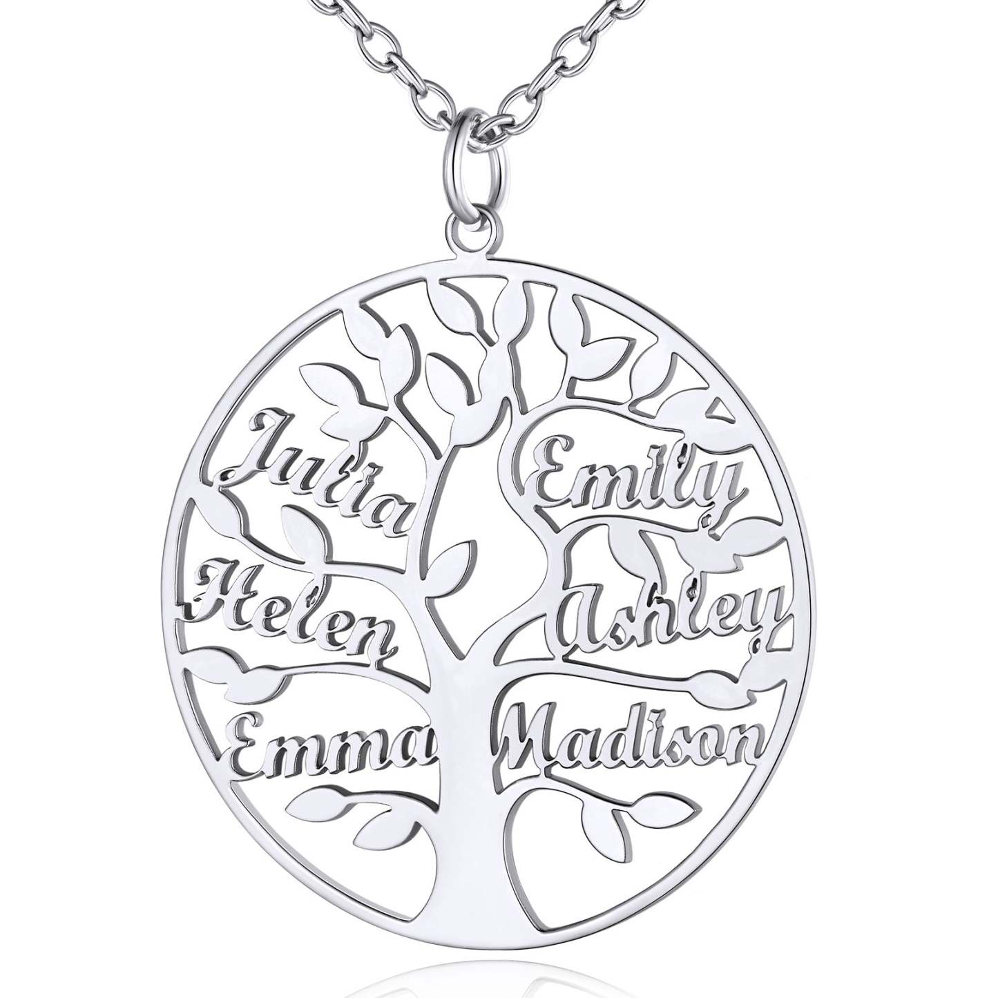 Collier Personnalisé Rond Arbre de Vie avec 6 Noms pour Famille Argenté