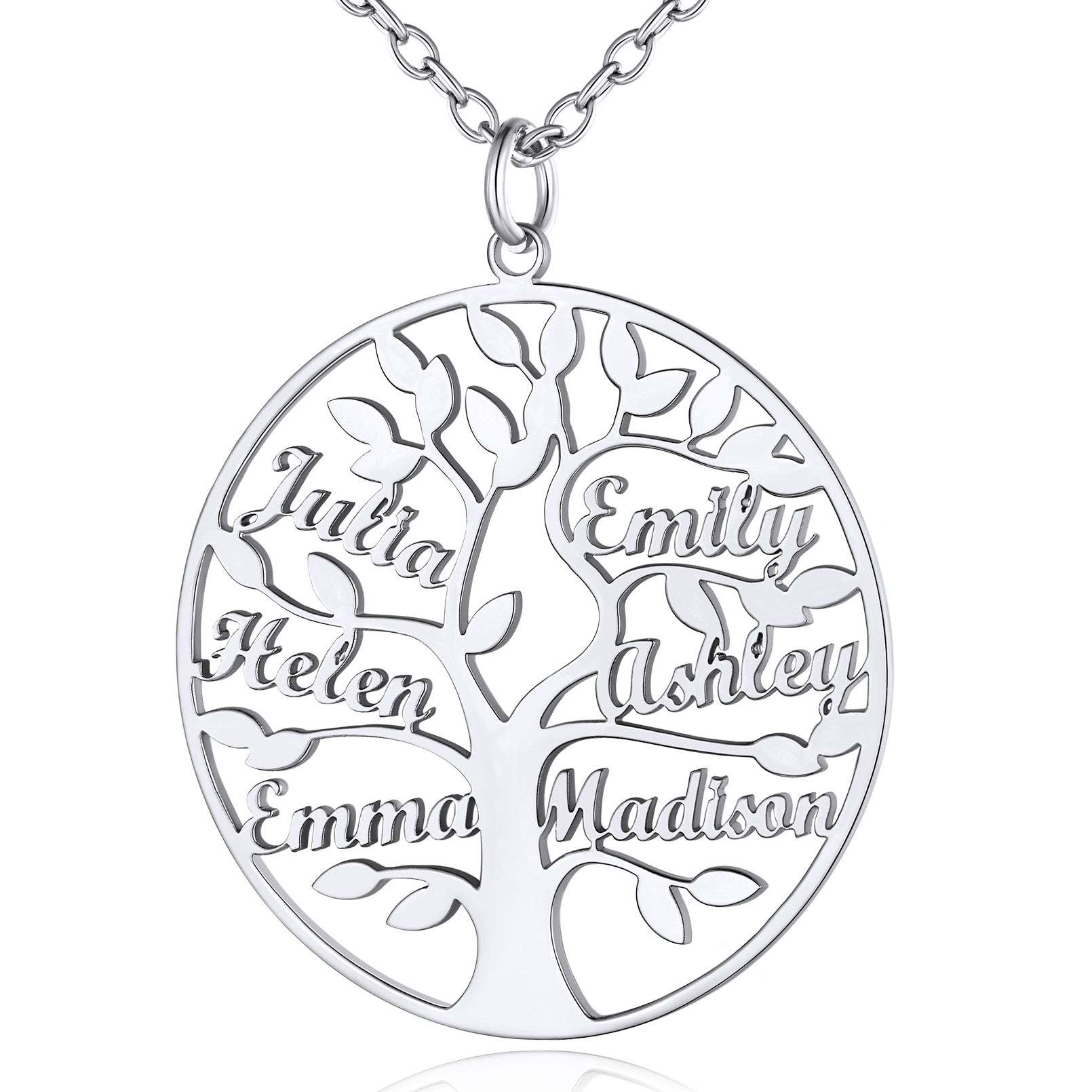 Collier Personnalisé Rond Arbre de Vie avec 6 Noms pour Famille Argenté