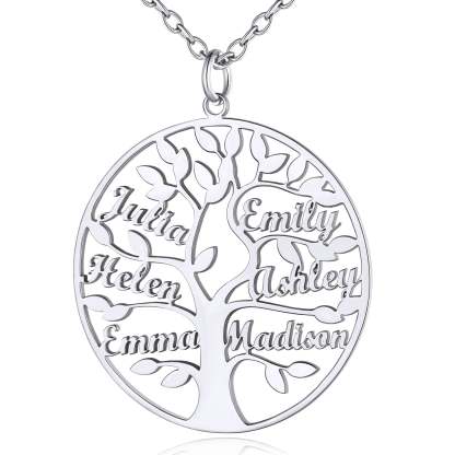 Collier Personnalisé Rond Arbre de Vie avec 6 Noms pour Famille Argenté