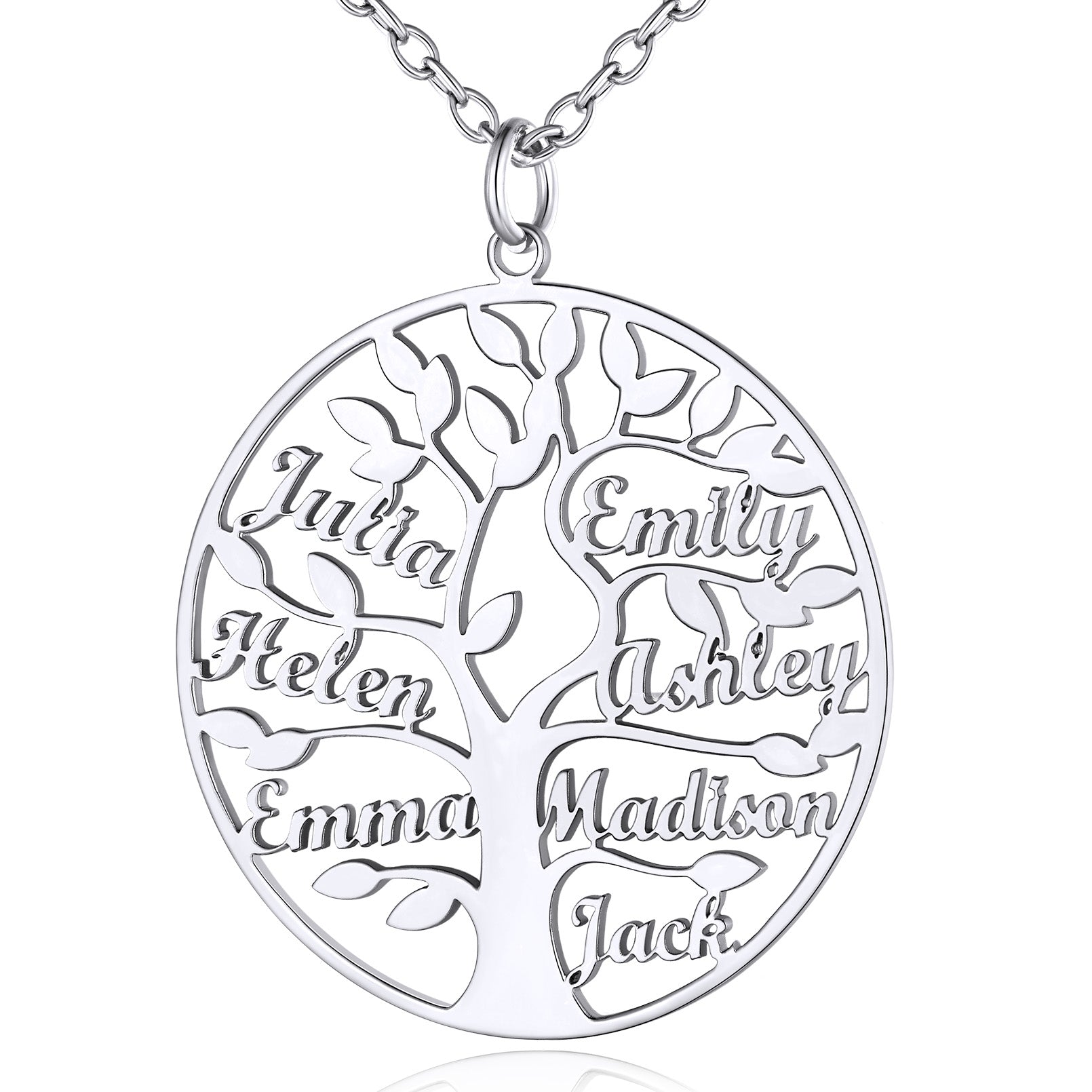 Collier Personnalisé Rond Arbre de Vie avec 7 Noms pour Famille Argenté