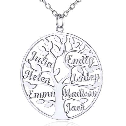 Collier Personnalisé Rond Arbre de Vie avec 7 Noms pour Famille Argenté