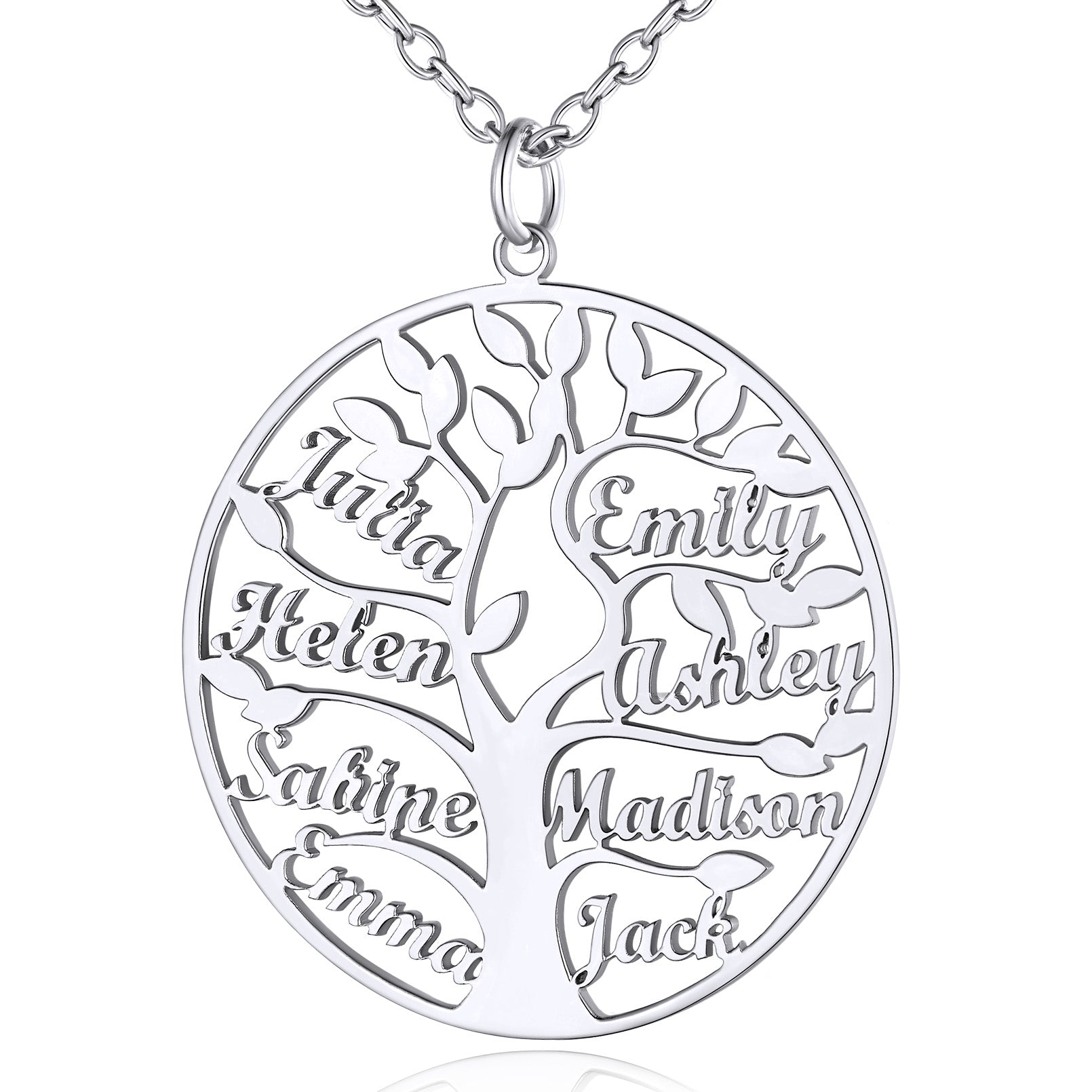 Collier Personnalisé Rond Arbre de Vie avec 8 Noms Argenté