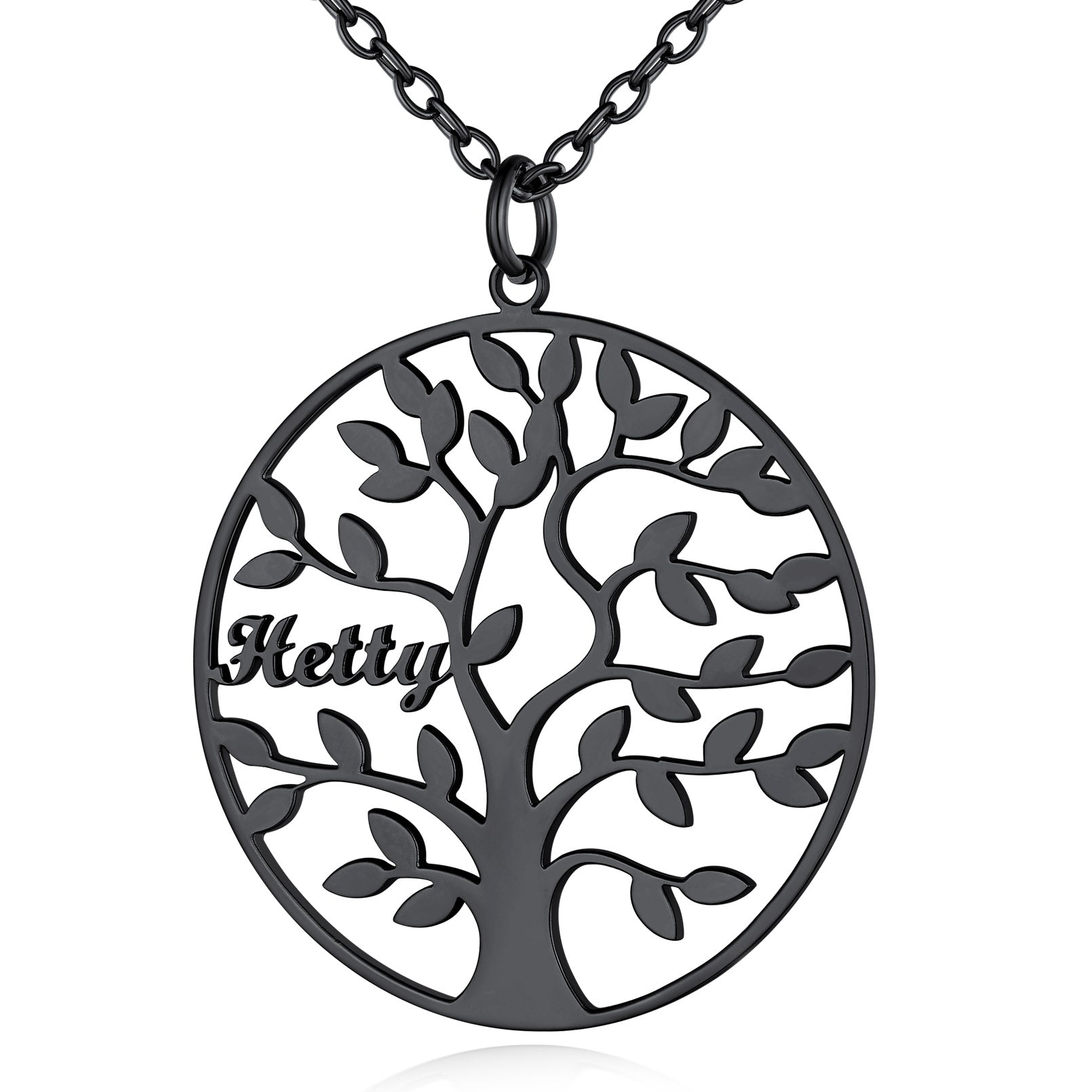 Collier Personnalisé Rond Arbre de Vie avec 1 Nom pour Famille Noir