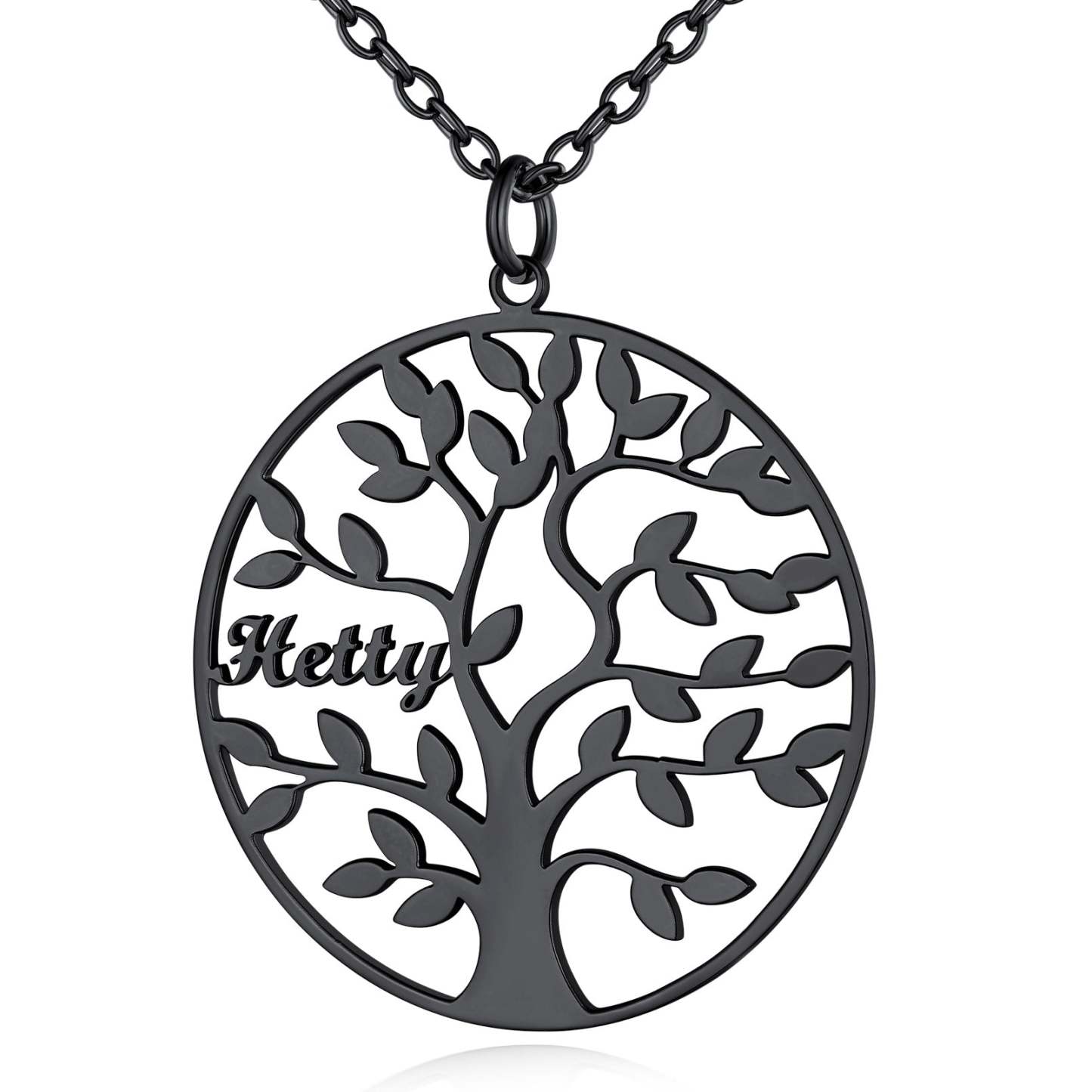 Collier Personnalisé Rond Arbre de Vie avec 1 Nom pour Famille Noir