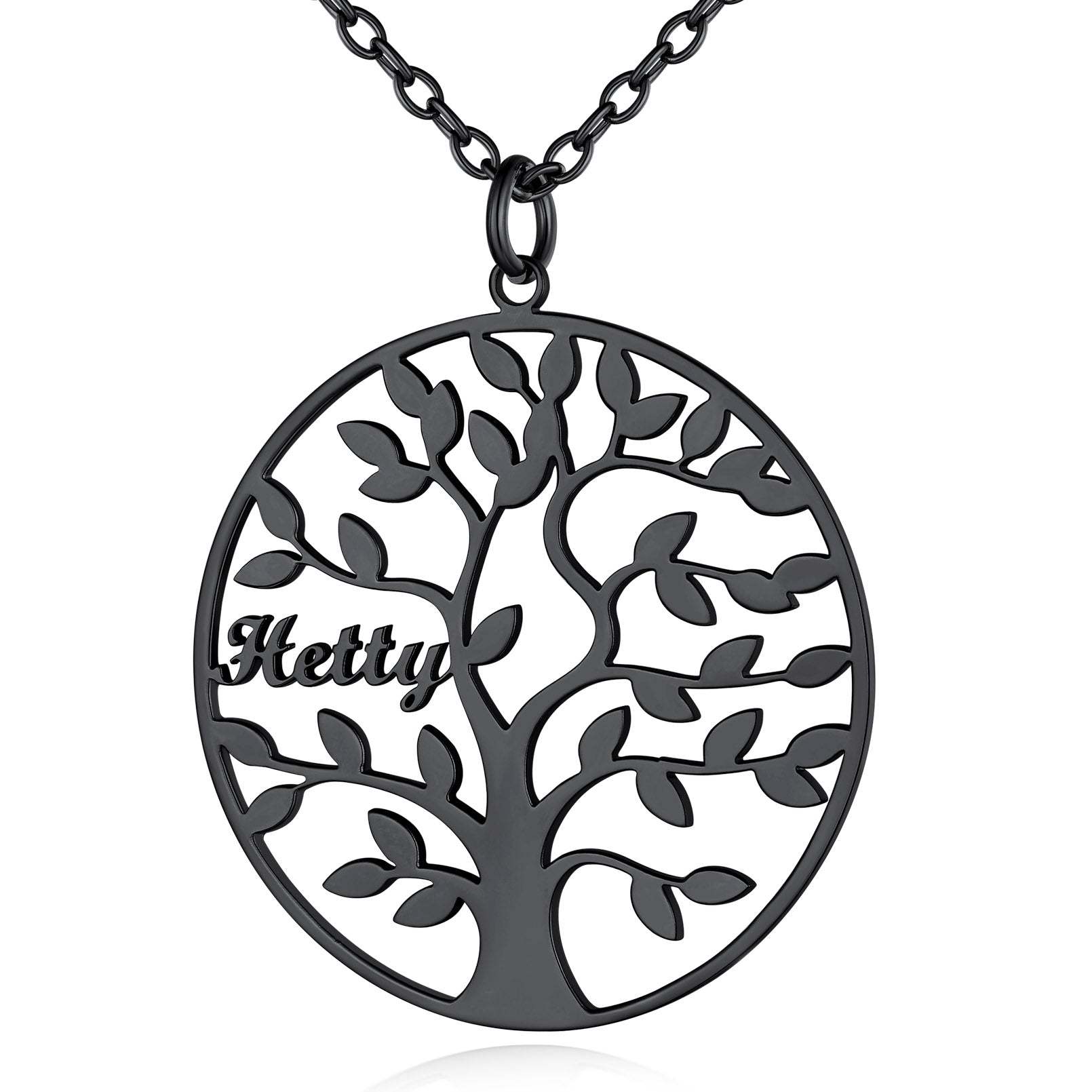 Collier Personnalisé Rond Arbre de Vie avec 1 Nom pour Famille Noir