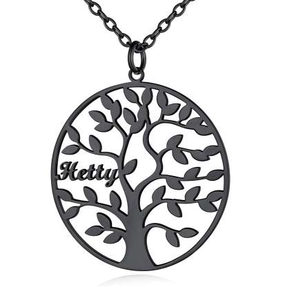Collier Personnalisé Rond Arbre de Vie avec 1 Nom pour Famille Noir