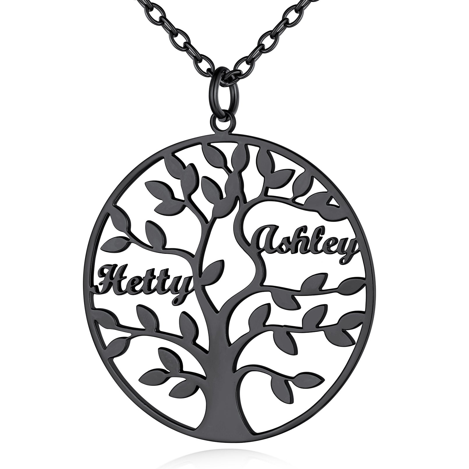 Collier Personnalisé Rond Arbre de Vie avec 2 Noms pour Famille Noir