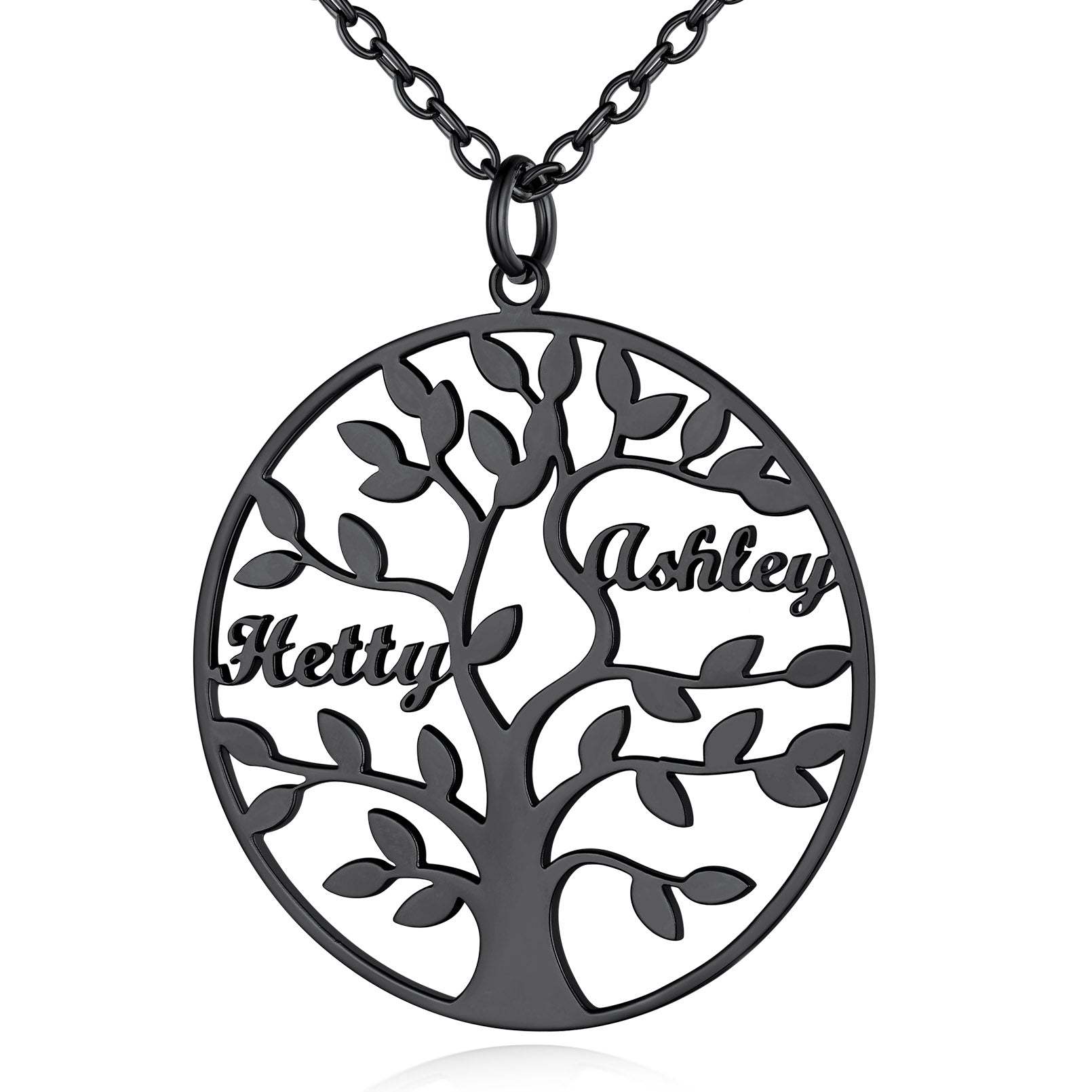 Collier Personnalisé Rond Arbre de Vie avec 2 Noms pour Famille Noir