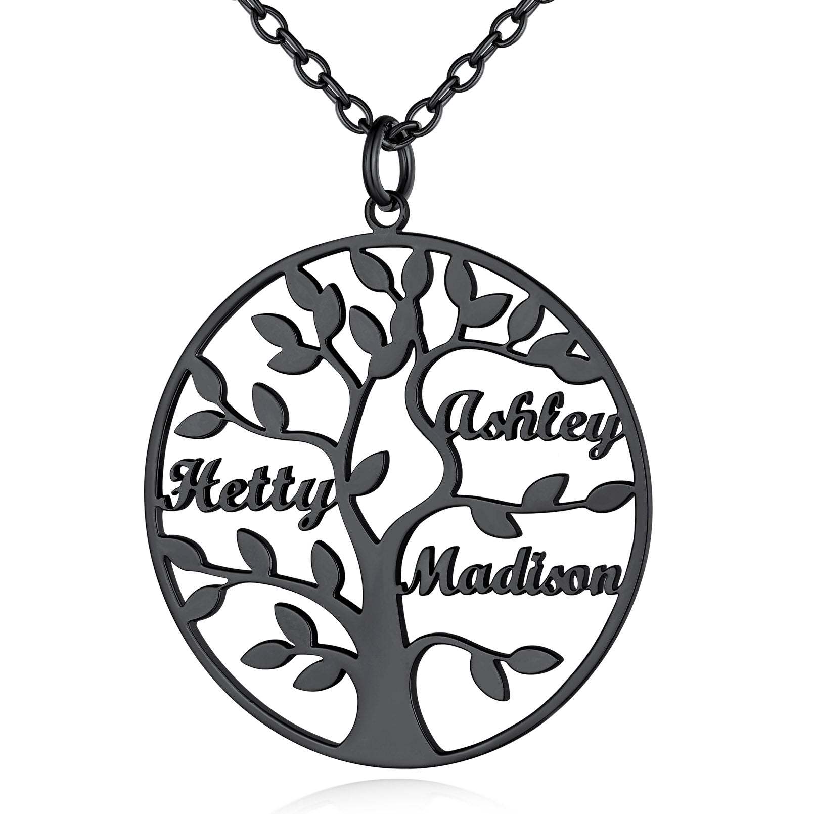 Collier Personnalisé Rond Arbre de Vie avec 3 Noms pour Famille Noir