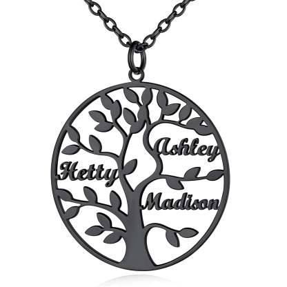 Collier Personnalisé Rond Arbre de Vie avec 3 Noms pour Famille Noir