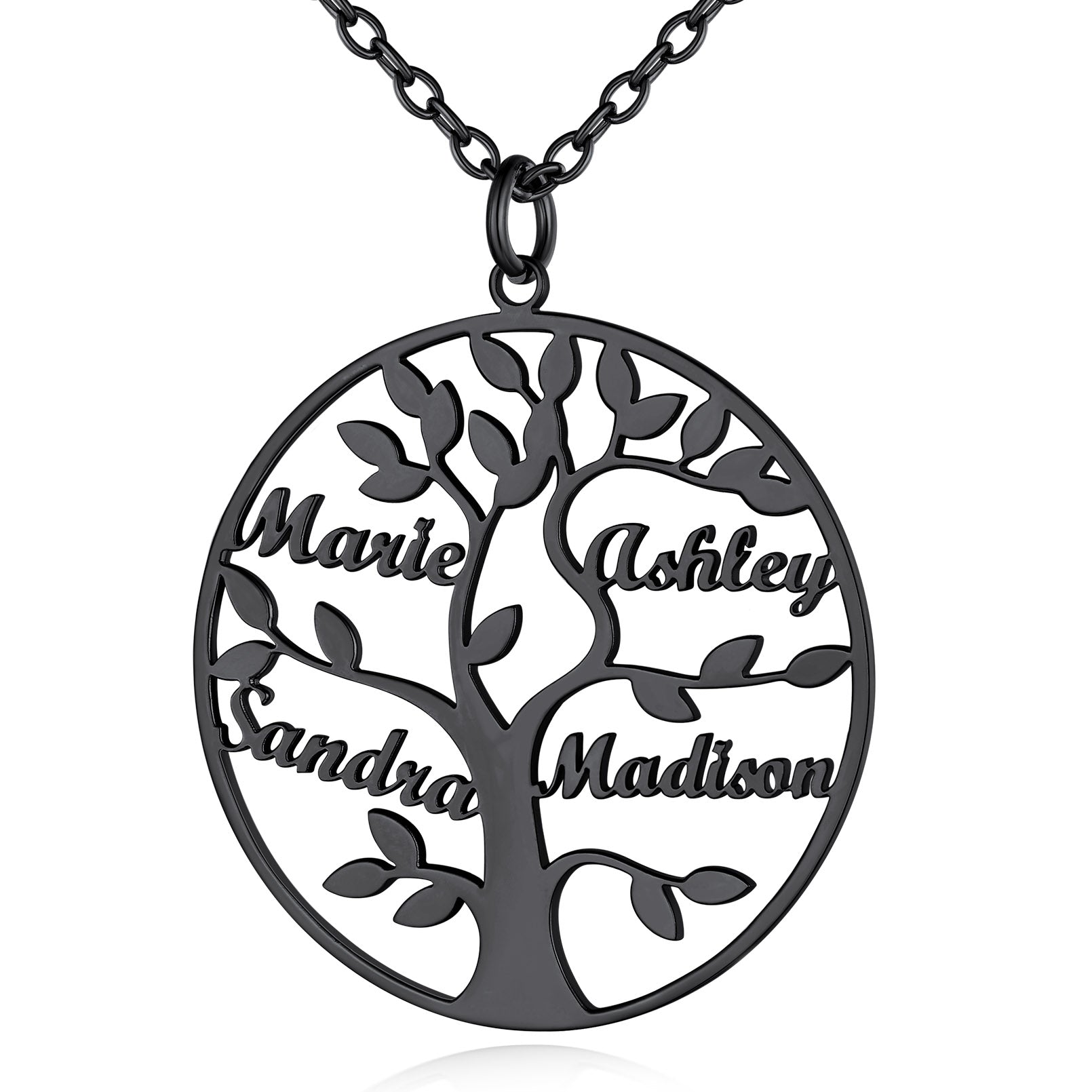 Collier Personnalisé Rond Arbre de Vie avec 4 Noms pour Famille Noir