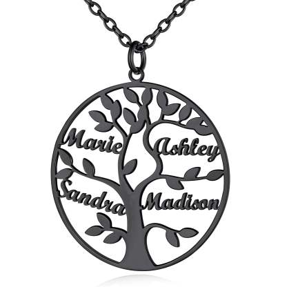 Collier Personnalisé Rond Arbre de Vie avec 4 Noms pour Famille Noir