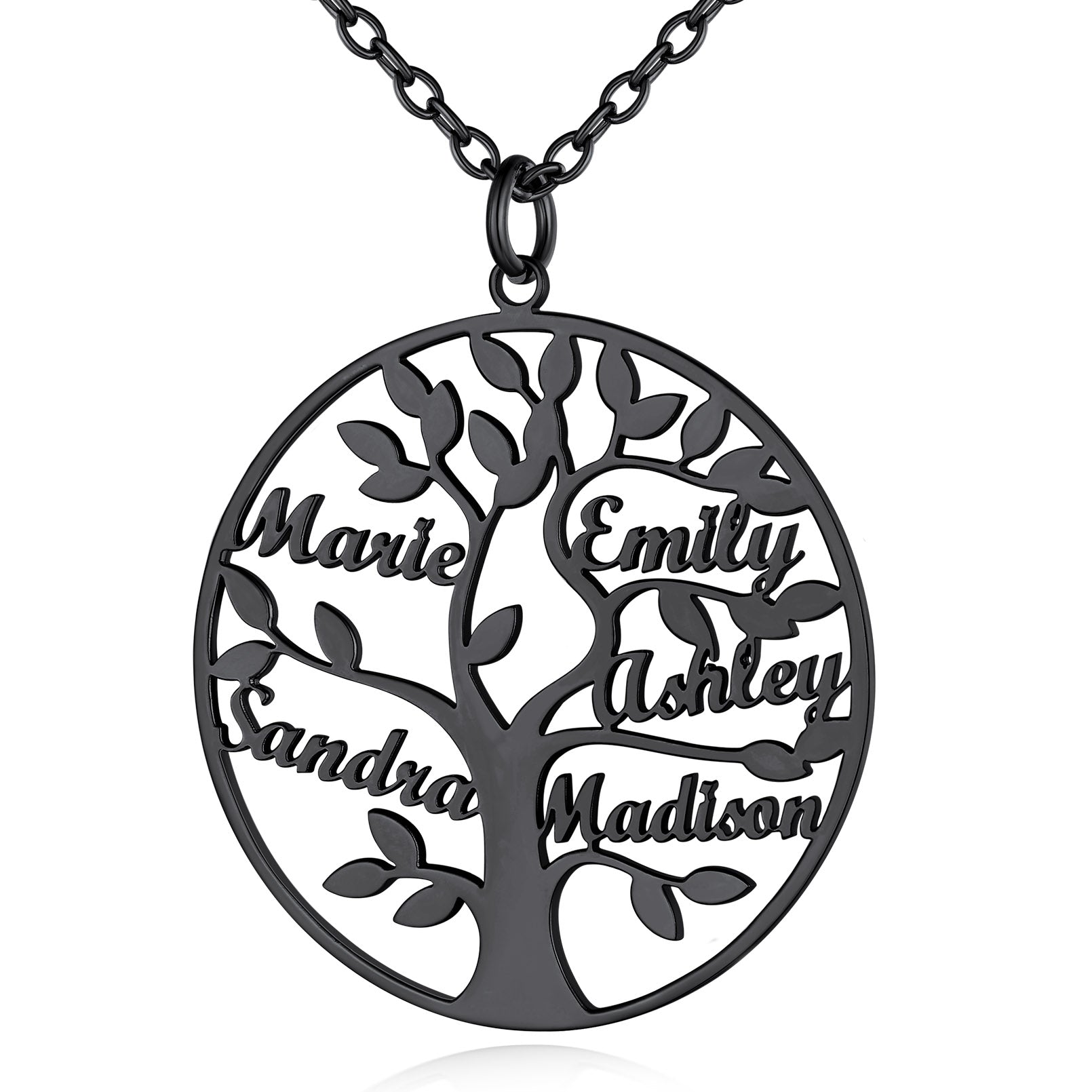 Collier Personnalisé Rond Arbre de Vie avec 5 Noms pour Famille Noir