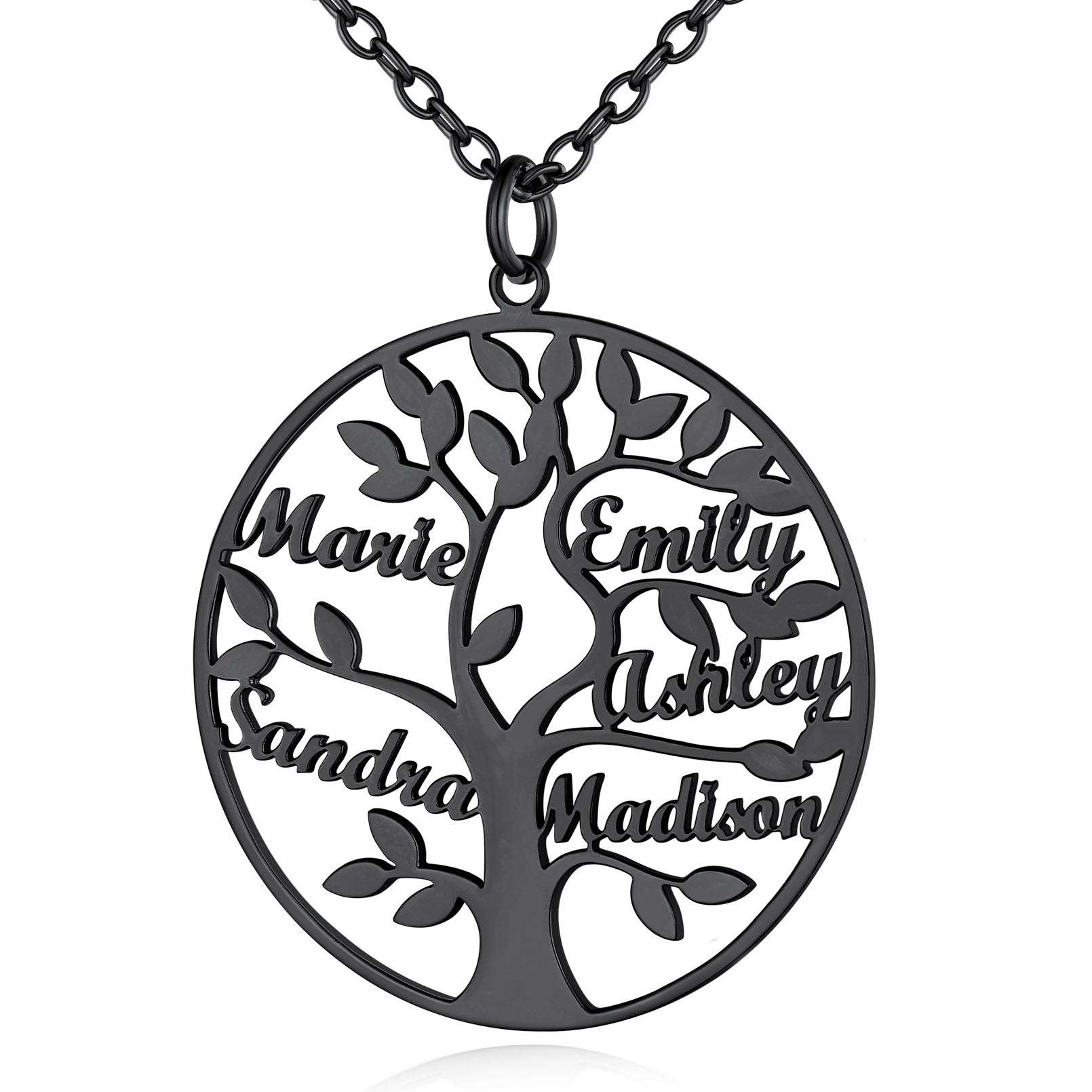 Collier Personnalisé Rond Arbre de Vie avec 5 Noms pour Famille Noir