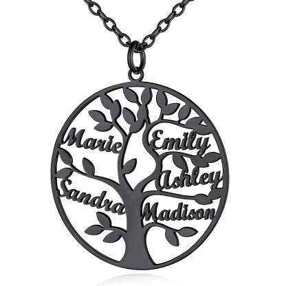 Collier Personnalisé Rond Arbre de Vie avec 5 Noms pour Famille Noir