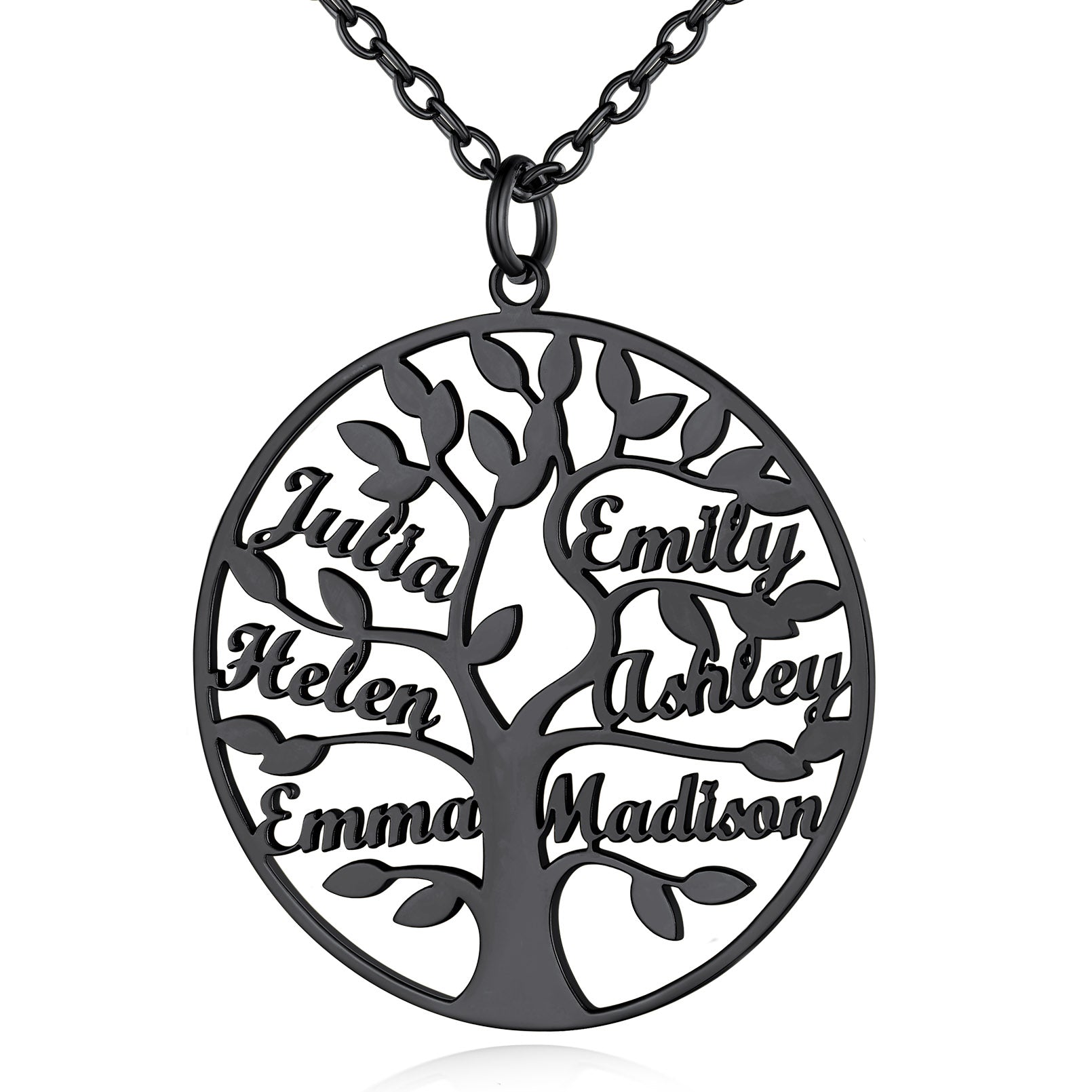 Collier Personnalisé Rond Arbre de Vie avec 6 Noms pour Famille Noir