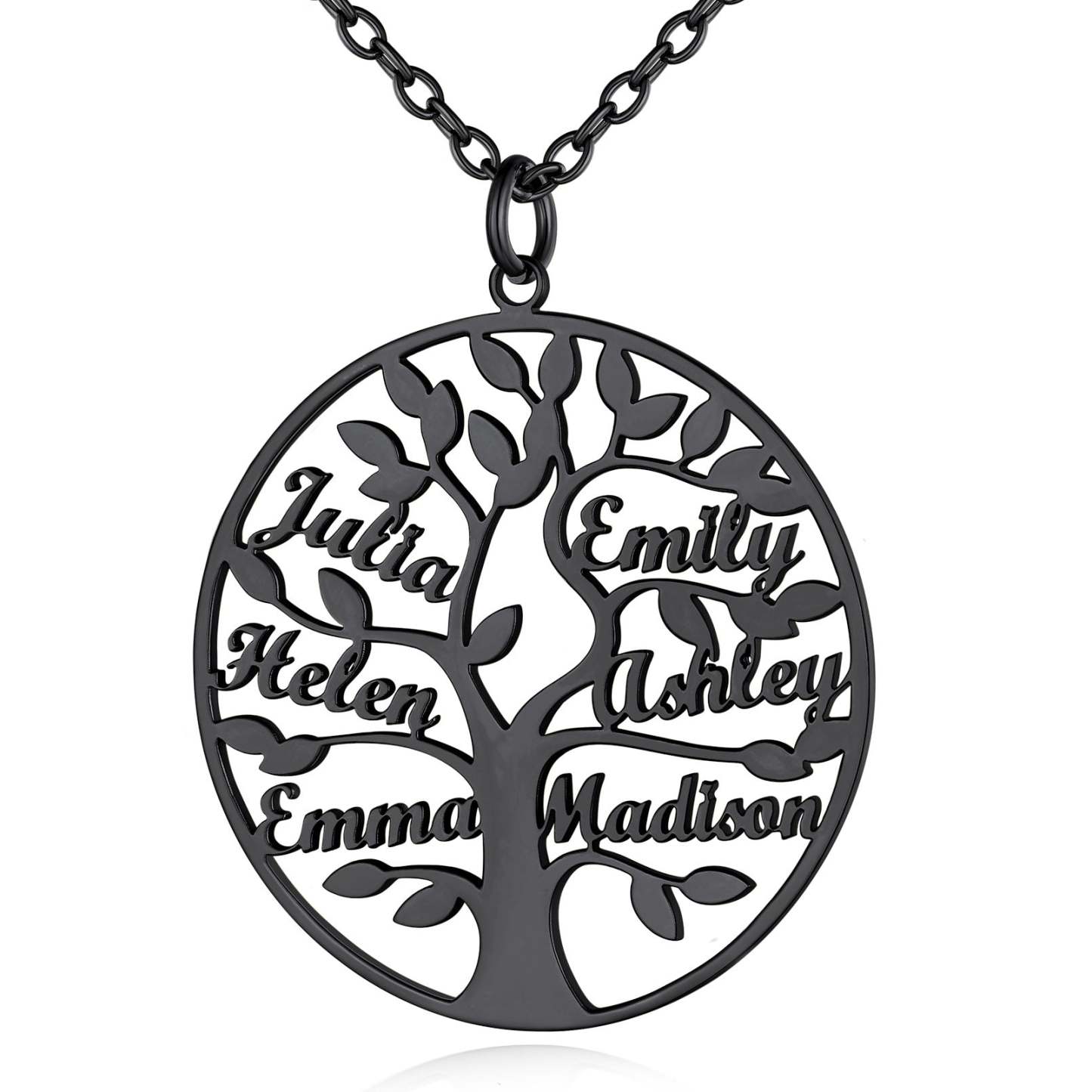 Collier Personnalisé Rond Arbre de Vie avec 6 Noms pour Famille Noir