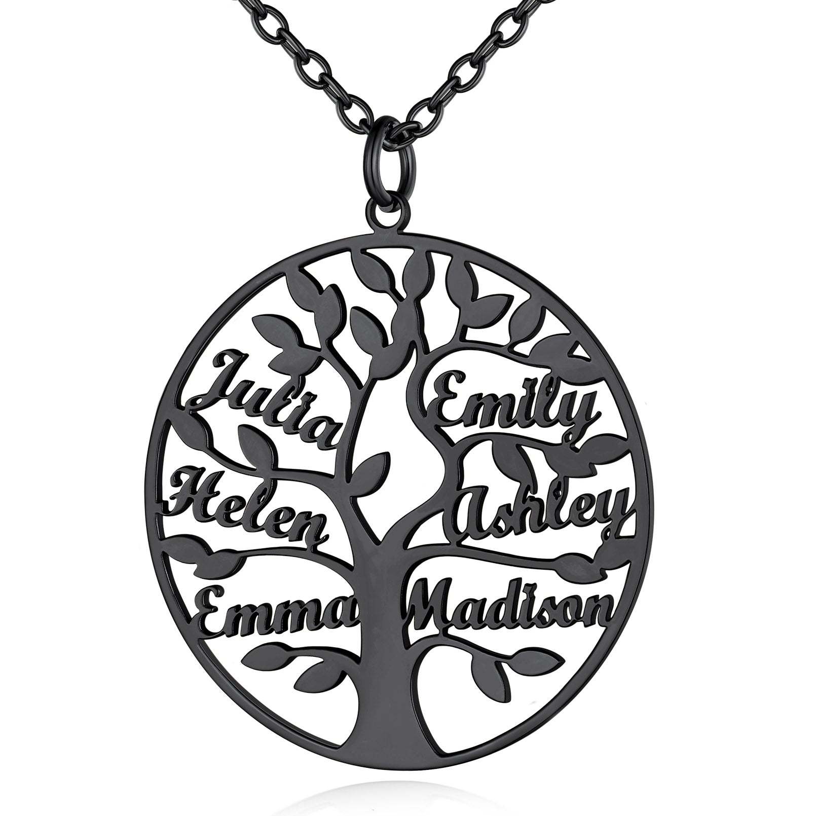 Collier Personnalisé Rond Arbre de Vie avec 6 Noms pour Famille Noir