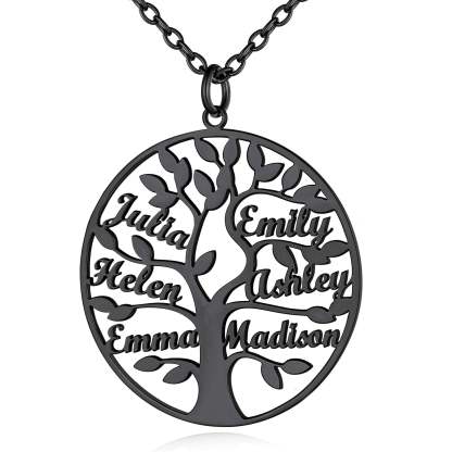 Collier Personnalisé Rond Arbre de Vie avec 6 Noms pour Famille Noir
