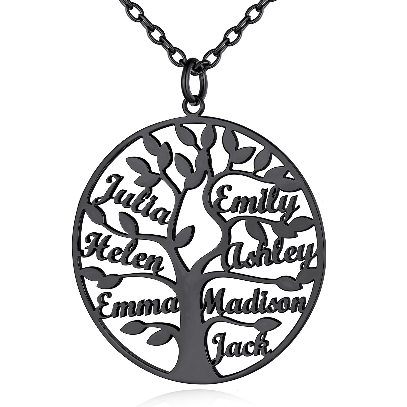 Collier Personnalisé Rond Arbre de Vie avec 7 Noms pour Famille Noir