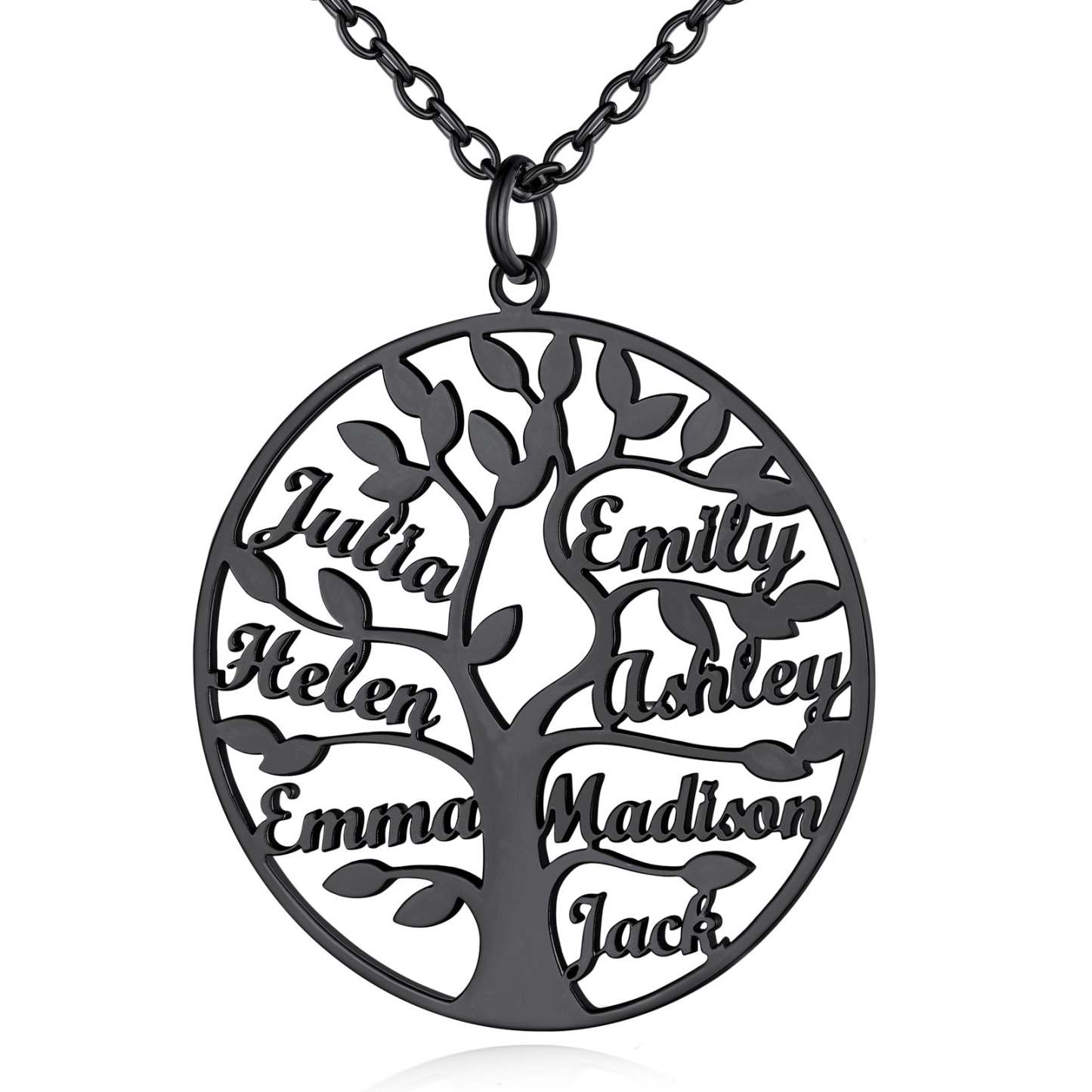 Collier Personnalisé Rond Arbre de Vie avec 7 Noms pour Famille Noir