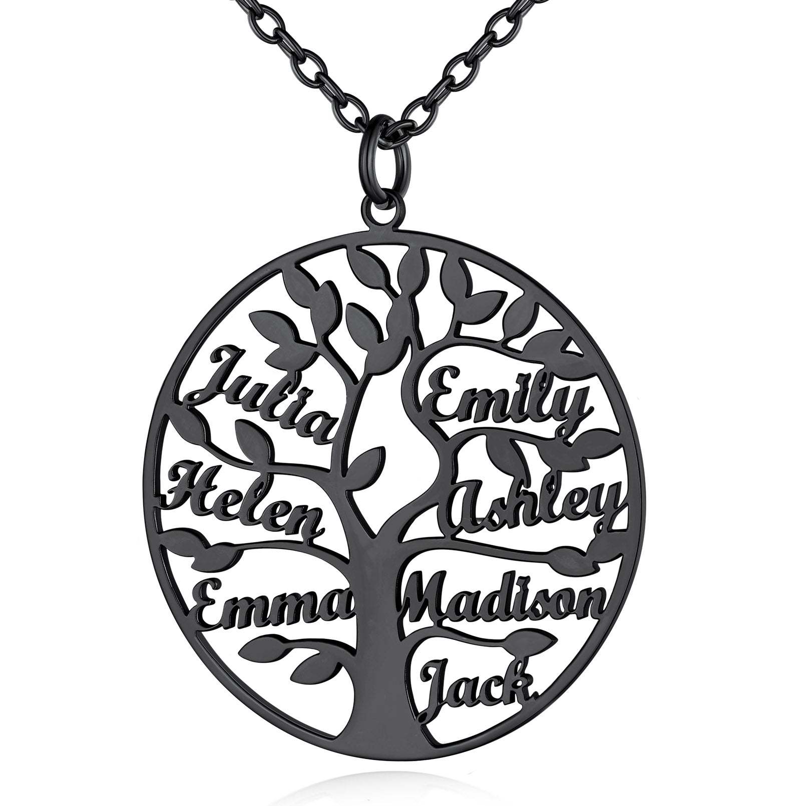 Collier Personnalisé Rond Arbre de Vie avec 7 Noms pour Famille Noir