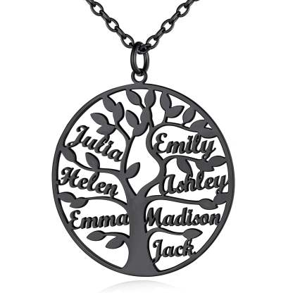 Collier Personnalisé Rond Arbre de Vie avec 7 Noms pour Famille Noir