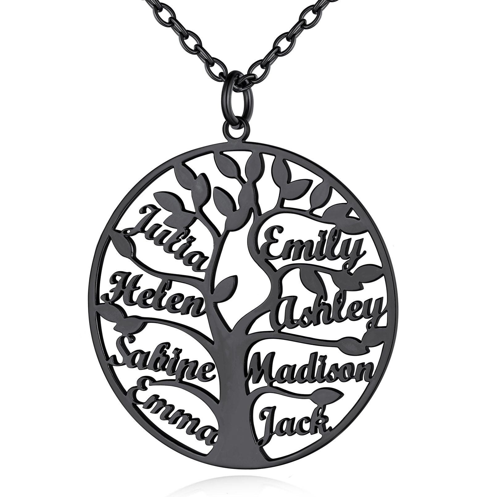 Collier Personnalisé Rond Arbre de Vie avec 8 Noms pour Famille Noir
