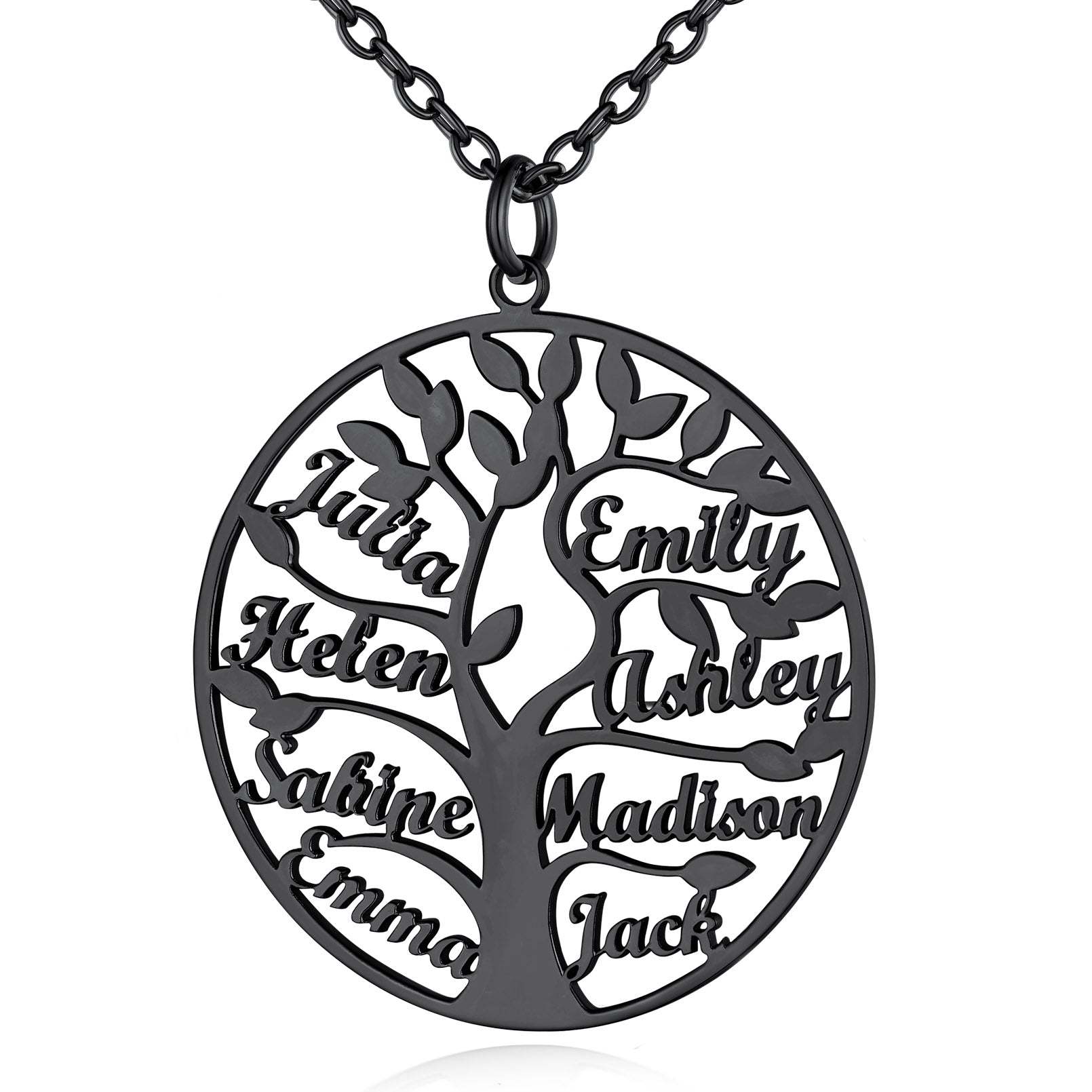 Collier Personnalisé Rond Arbre de Vie avec 8 Noms pour Famille Noir