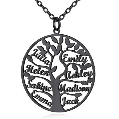 Collier Personnalisé Rond Arbre de Vie avec 8 Noms pour Famille Noir