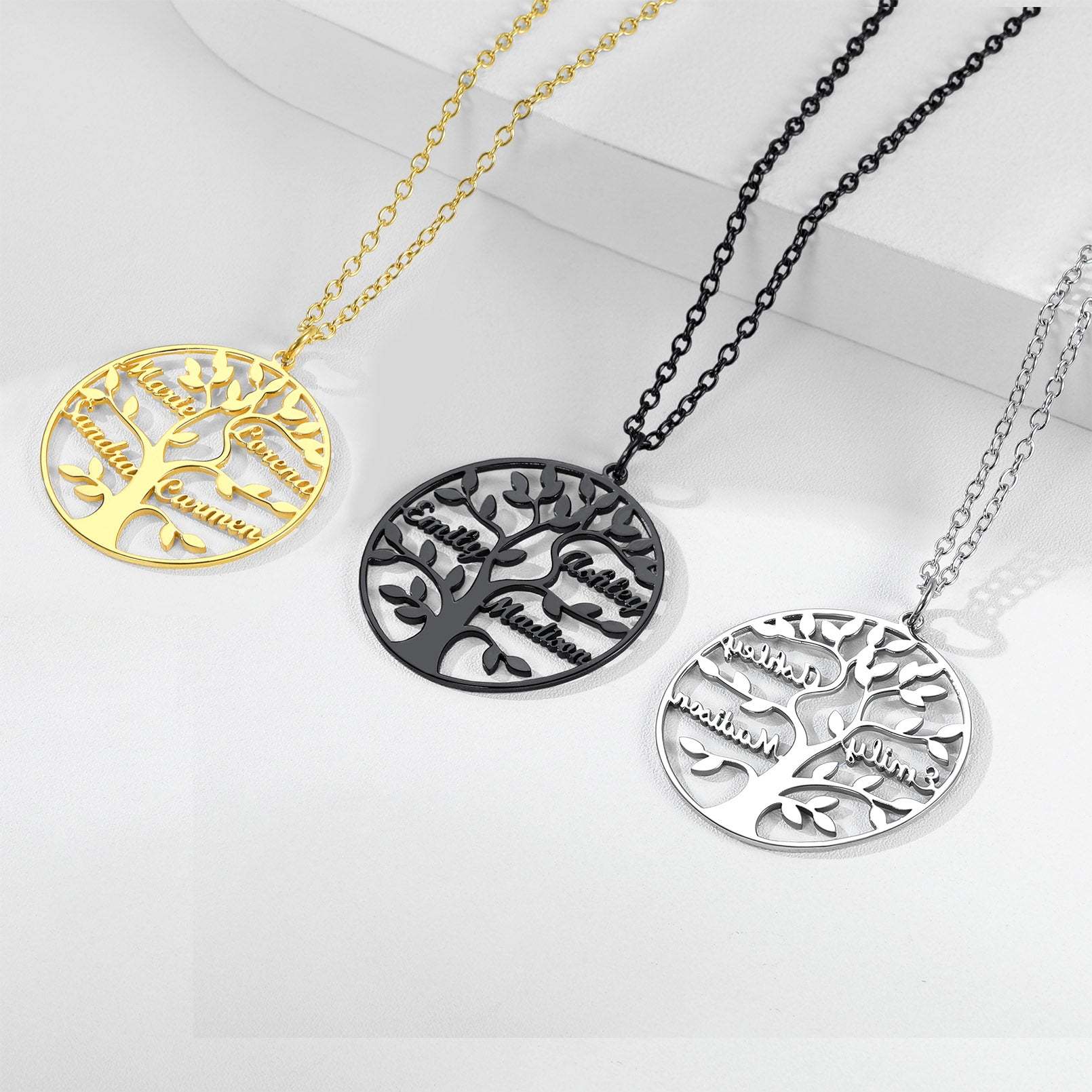 Collier Personnalisé Rond Arbre de Vie avec Noms pour Famille 3 Couleurs