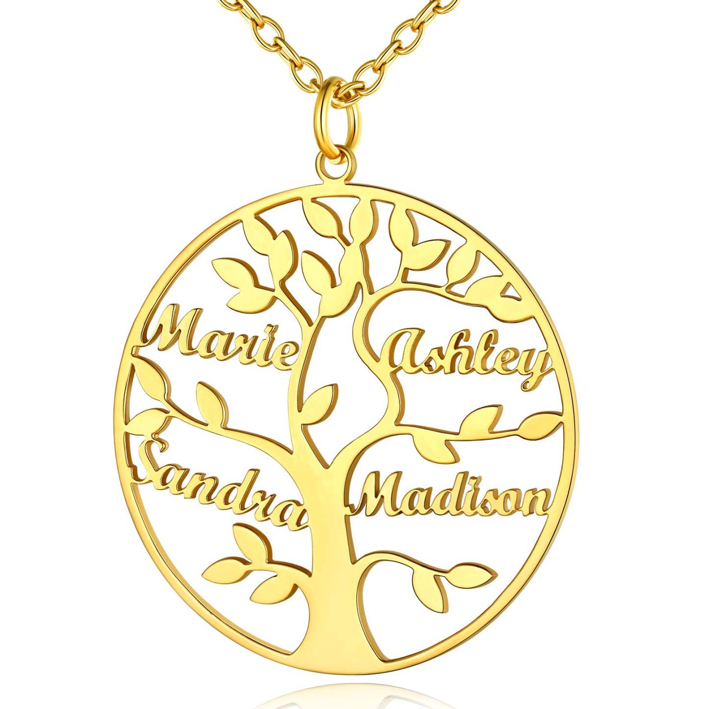 Collier Personnalisé Rond Arbre de Vie avec 4 Noms pour Famille Or