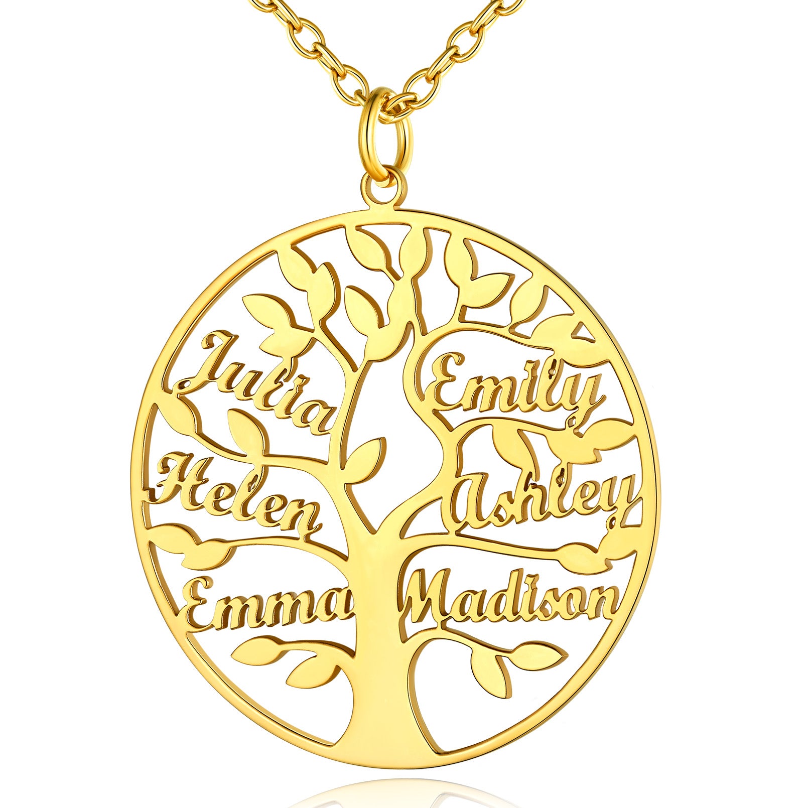 Collier Personnalisé Rond Arbre de Vie avec 6 Noms pour Famille Or