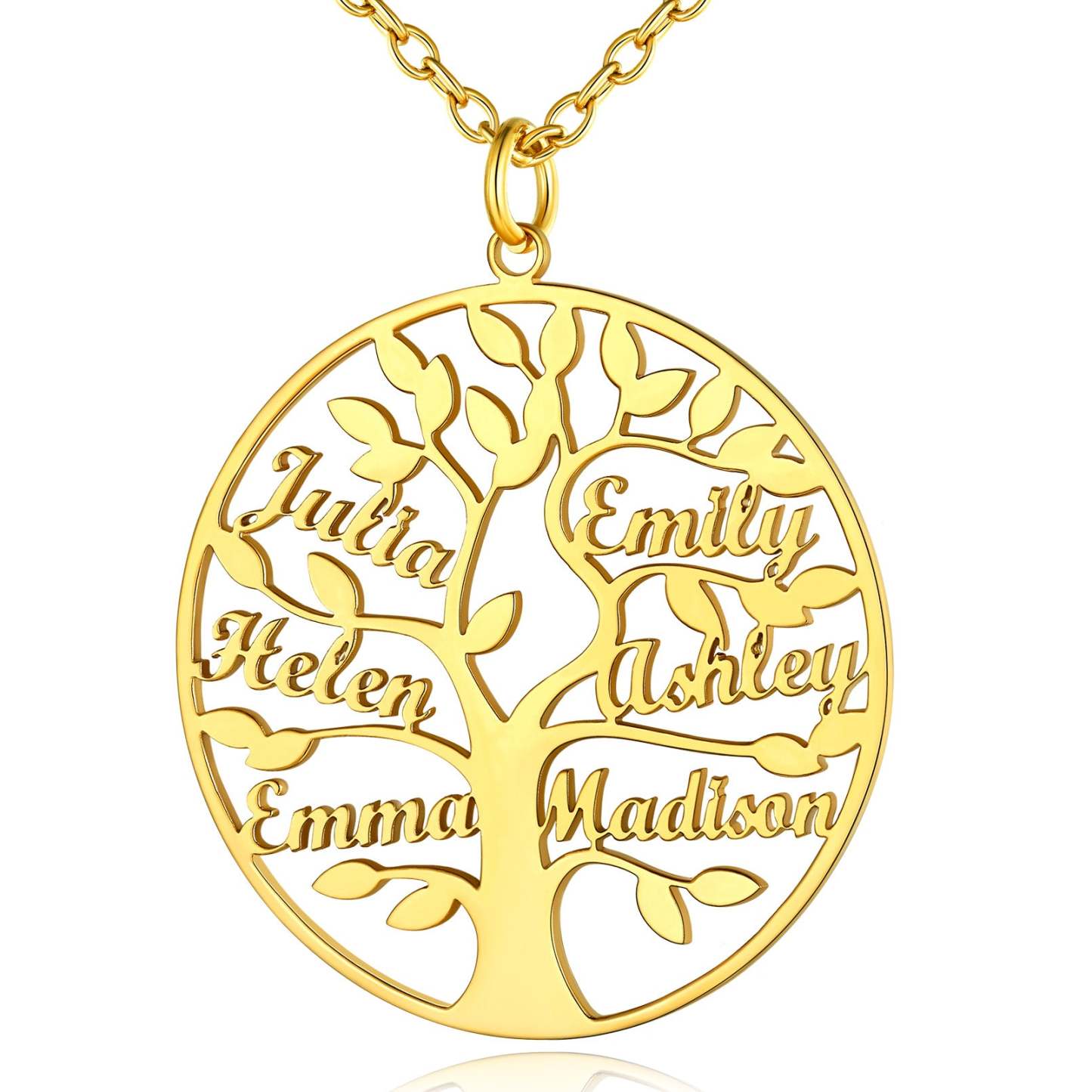Collier Personnalisé Rond Arbre de Vie avec 6 Noms pour Famille Or
