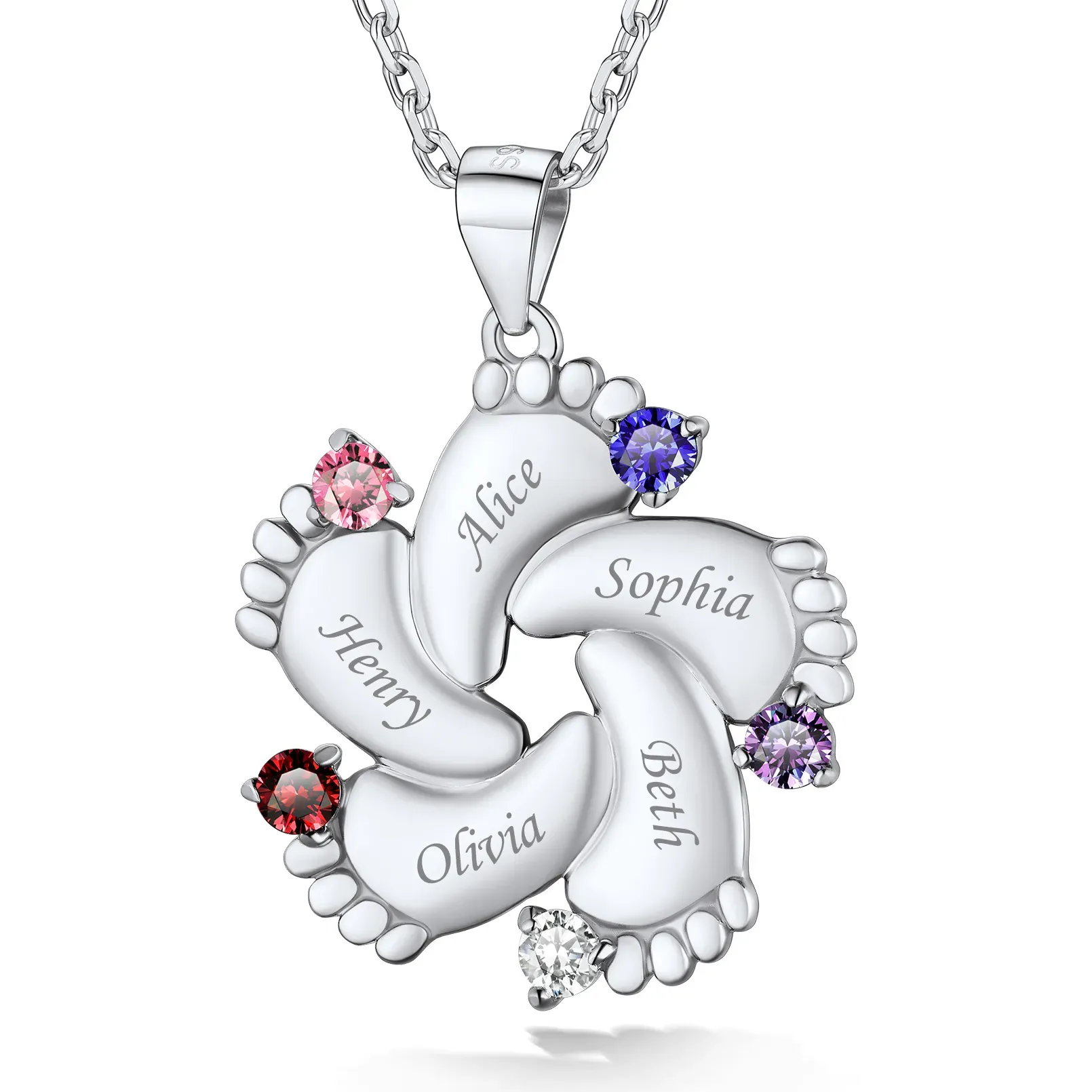 Pendentif Empreinte de Bébé avec 5 Pierre de Naissance pour Maman Argenté