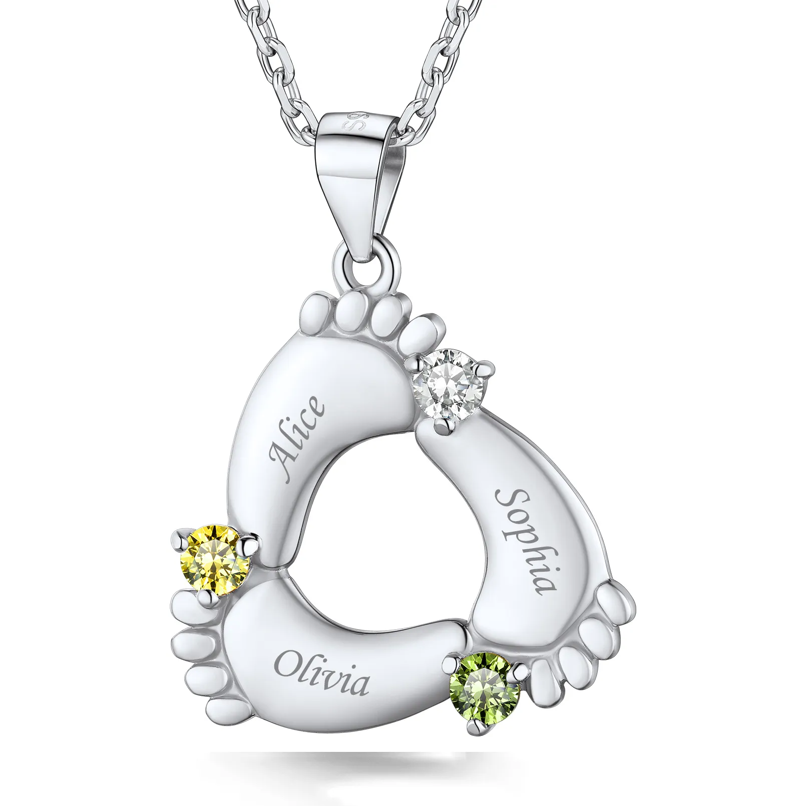 Pendentif Empreinte de Bébé avec 3 Pierre de Naissance pour Maman Argenté