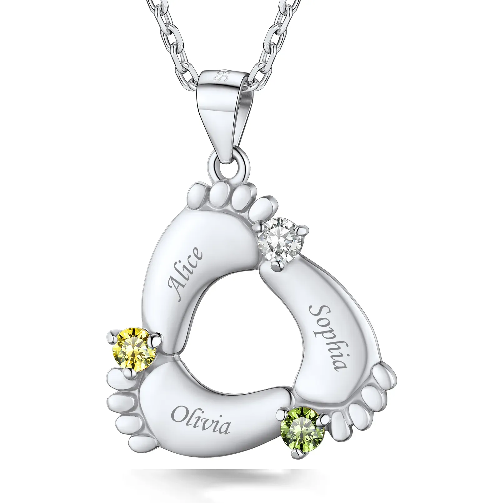 Pendentif Empreinte de Bébé avec 3 Pierre de Naissance pour Maman Argenté