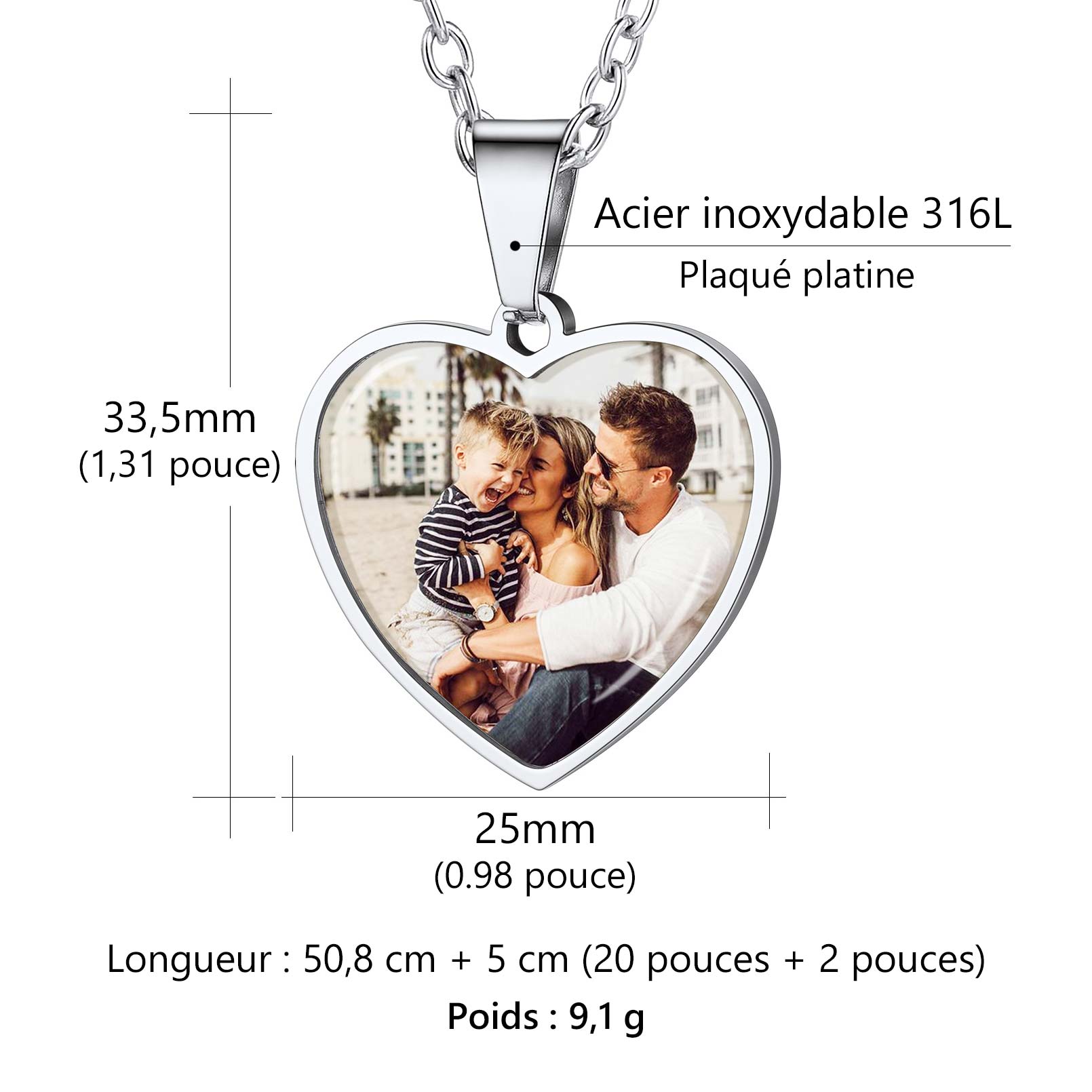 Collier Photo Personnalisé en Forme de Cœur Gravé Taille