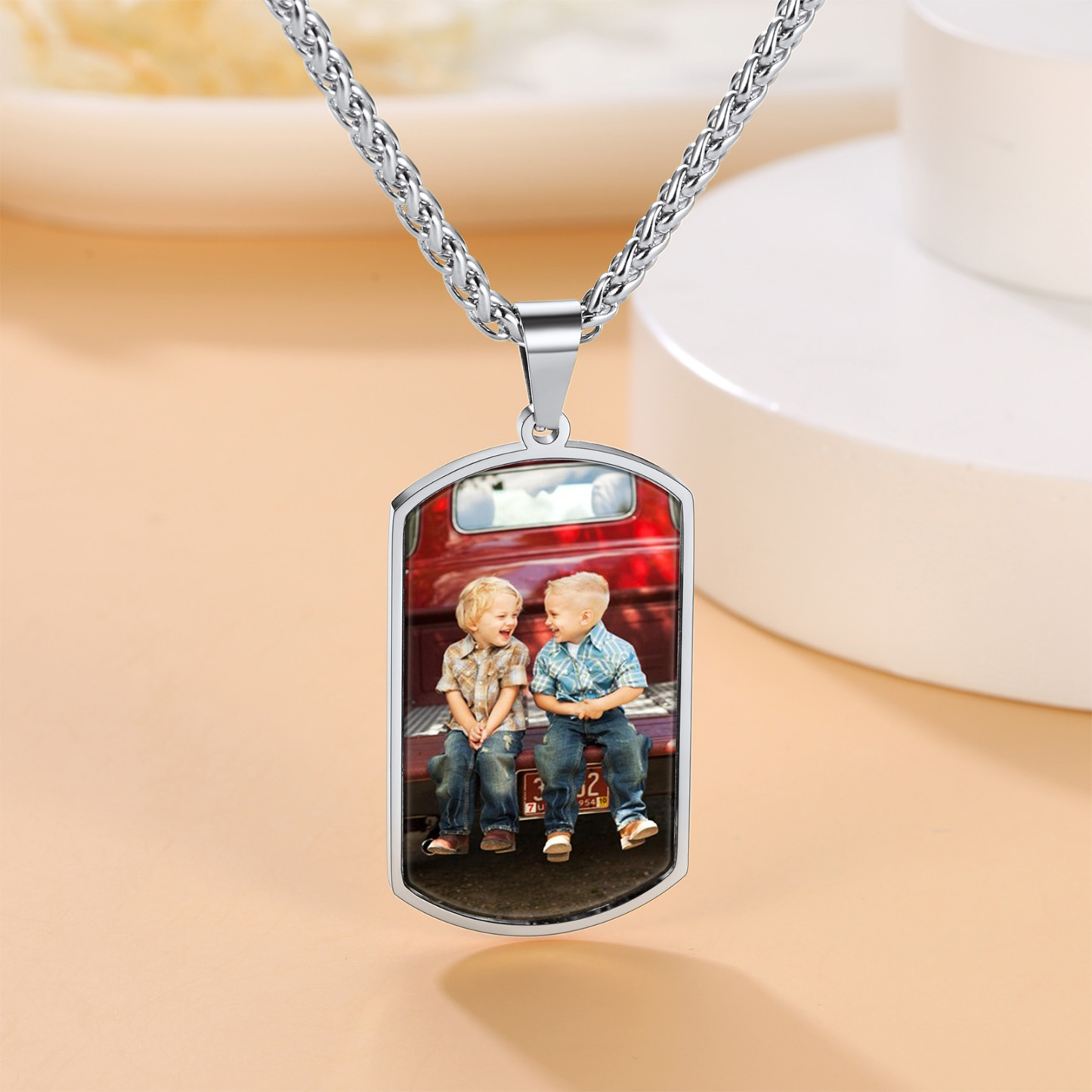 Collier Plaque Militaire Personnalisé avec 
Photo Scène Argenté