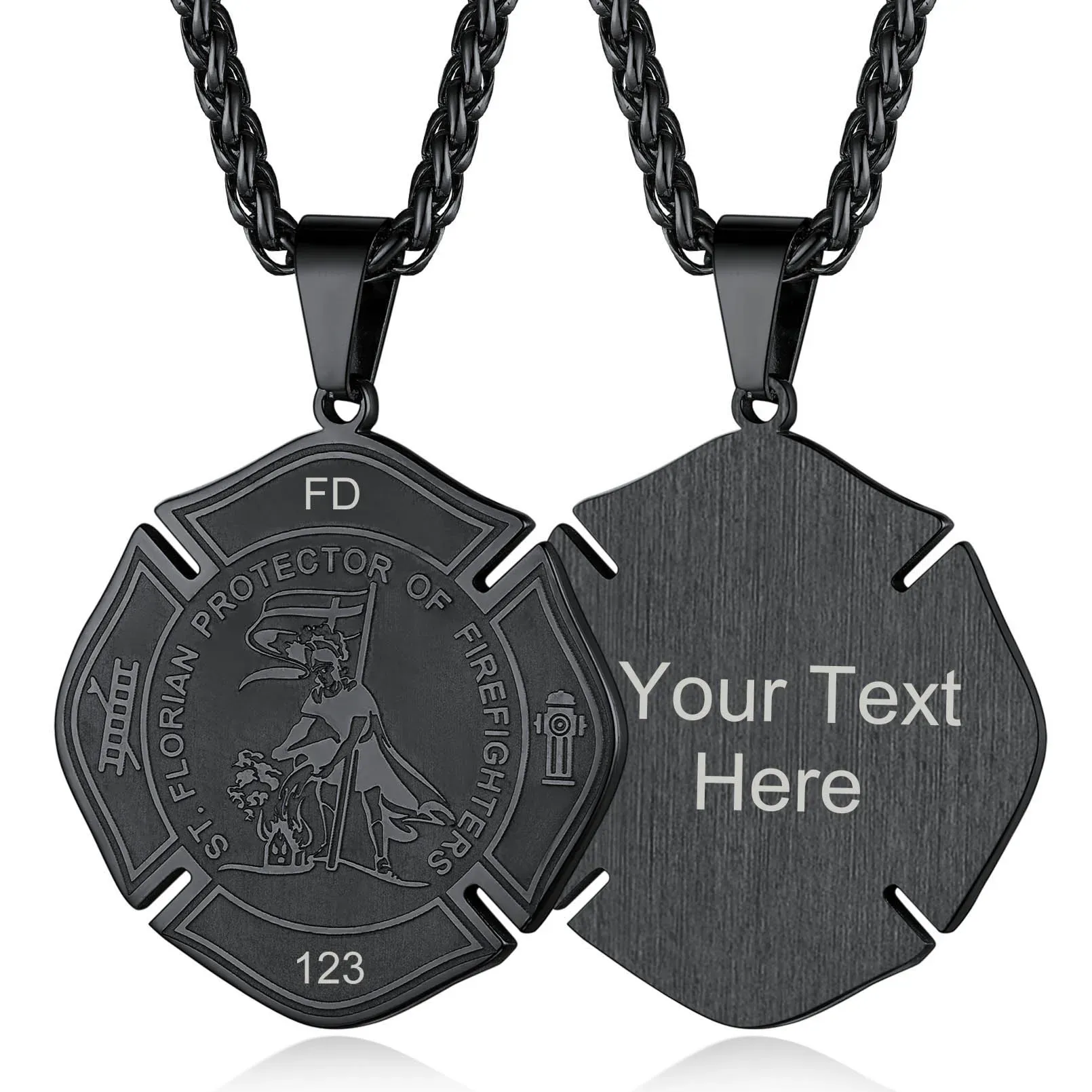 Collier Médaille Gravée Saint Florian pour Pompier pour Homme Noir