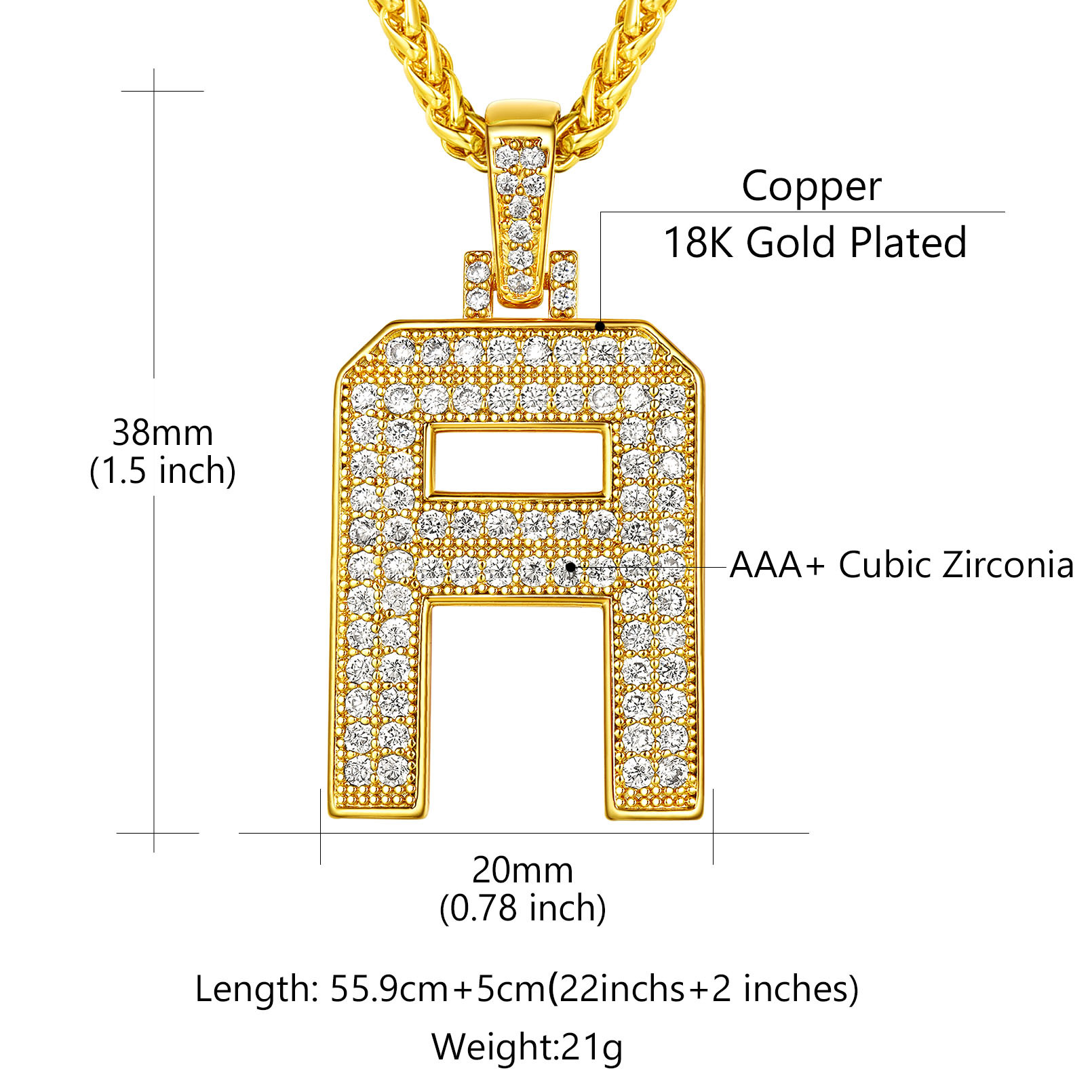 Collier Classique avec Pendentif Lettre Initiale A-Z en Zircon Cubique