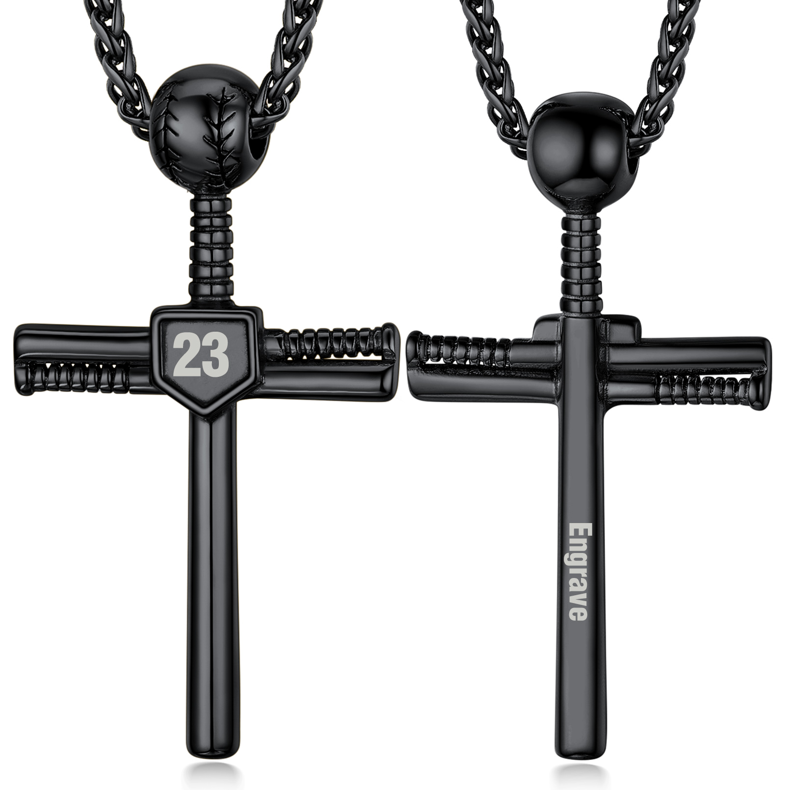 Collier Croix de Baseball Personnalisé avec Numéro Gravé Noir