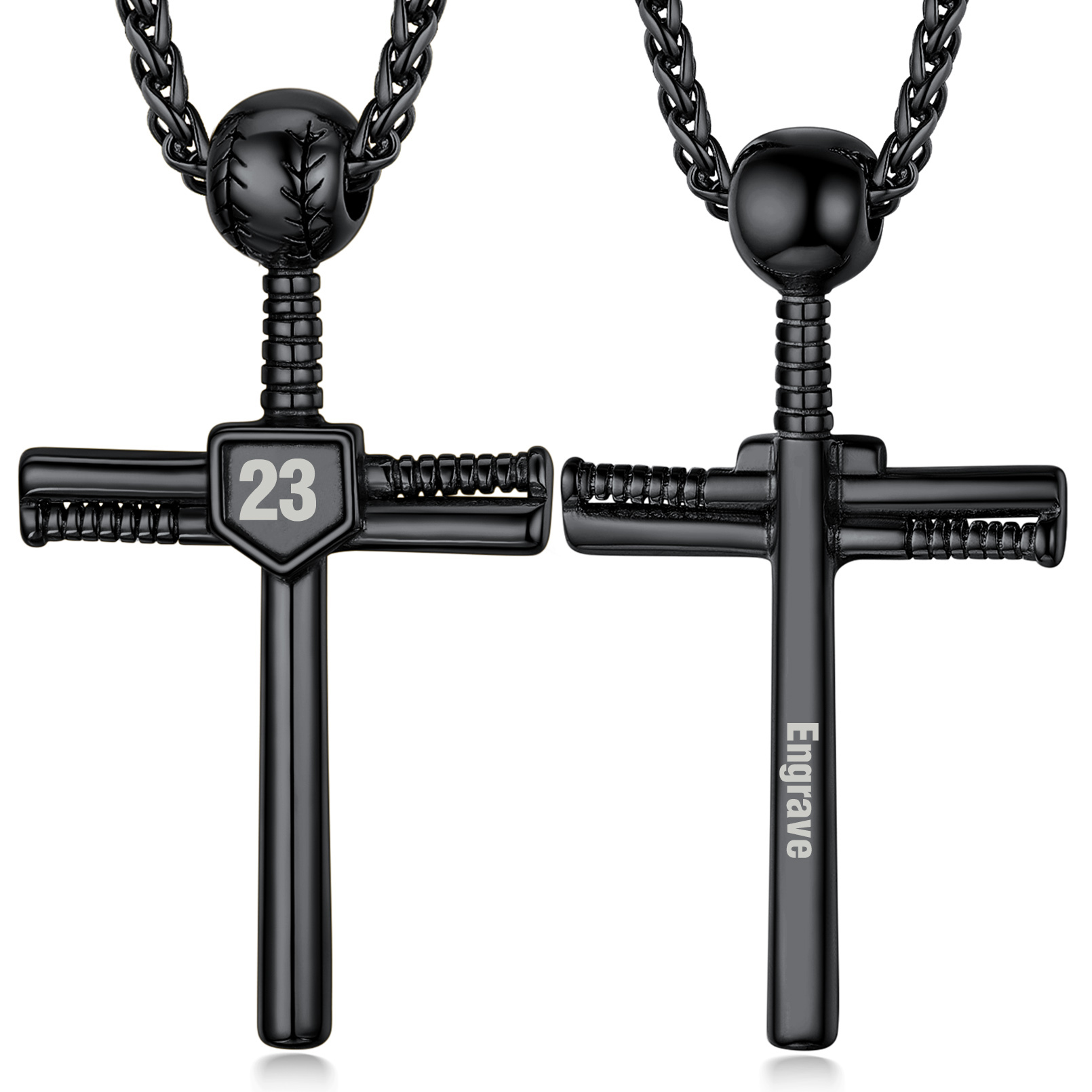 Collier Croix de Baseball Personnalisé avec Numéro Gravé Noir