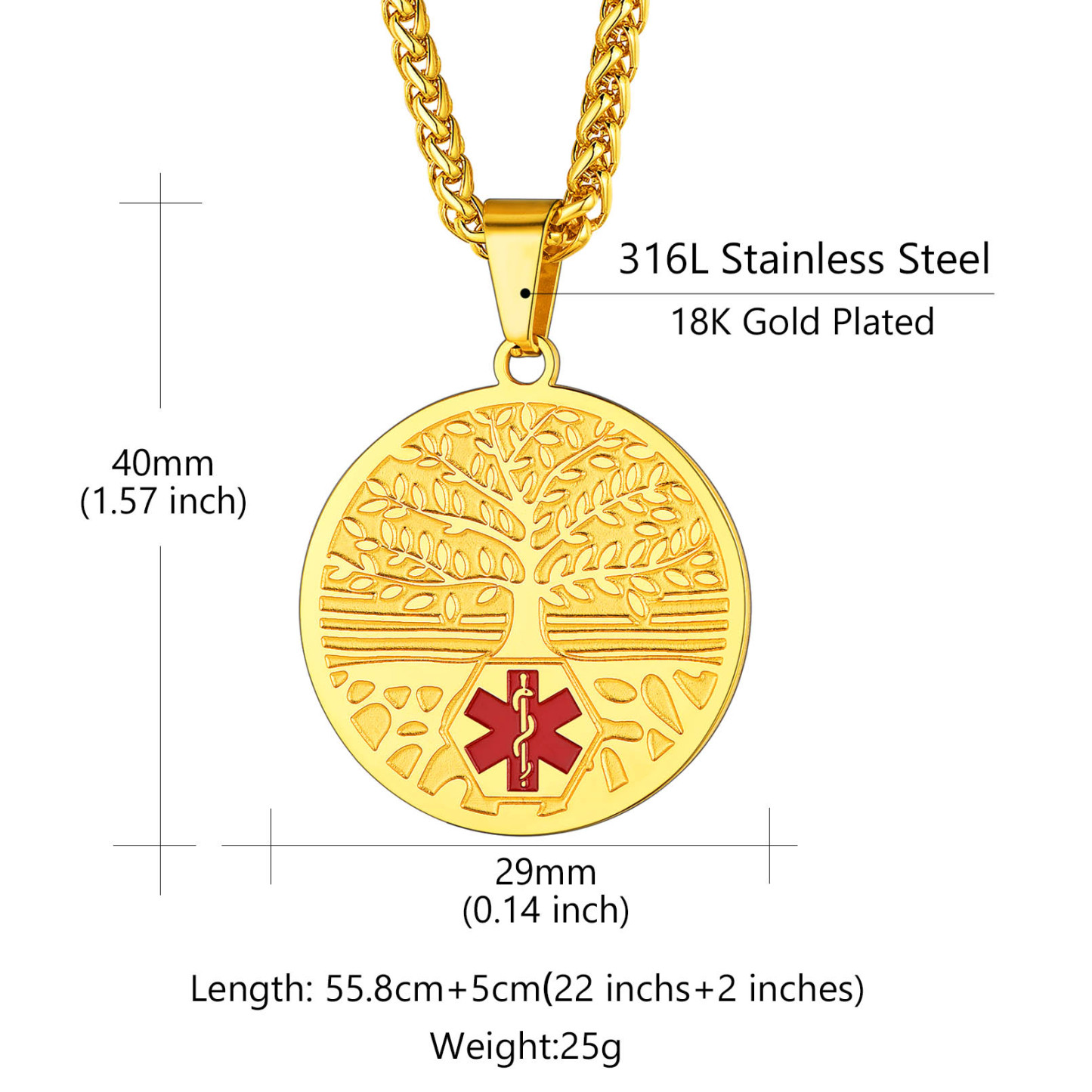 Collier Médical Personnalisé en Acier Inoxydable avec Pendentif d'Urgence Taille
