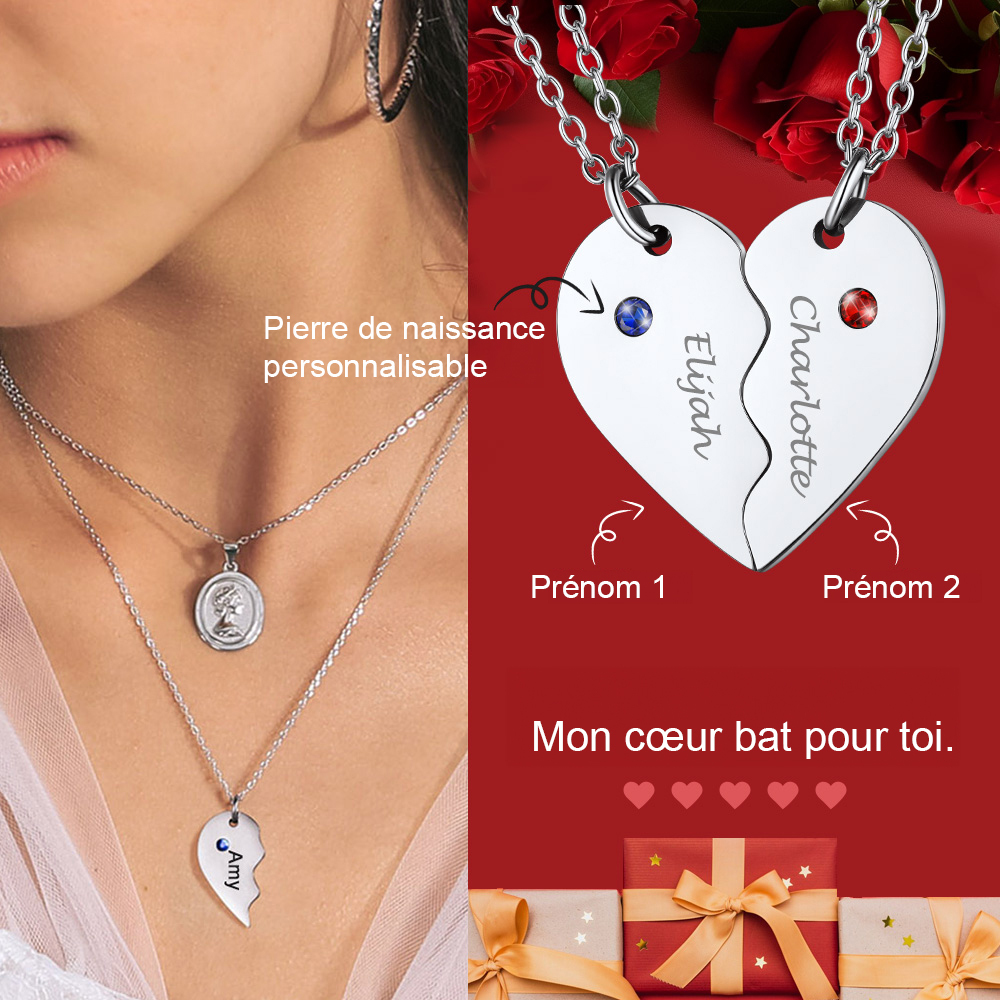 Collier Cœur Puzzle avec Prénoms Gravés et Pierres de Naissance