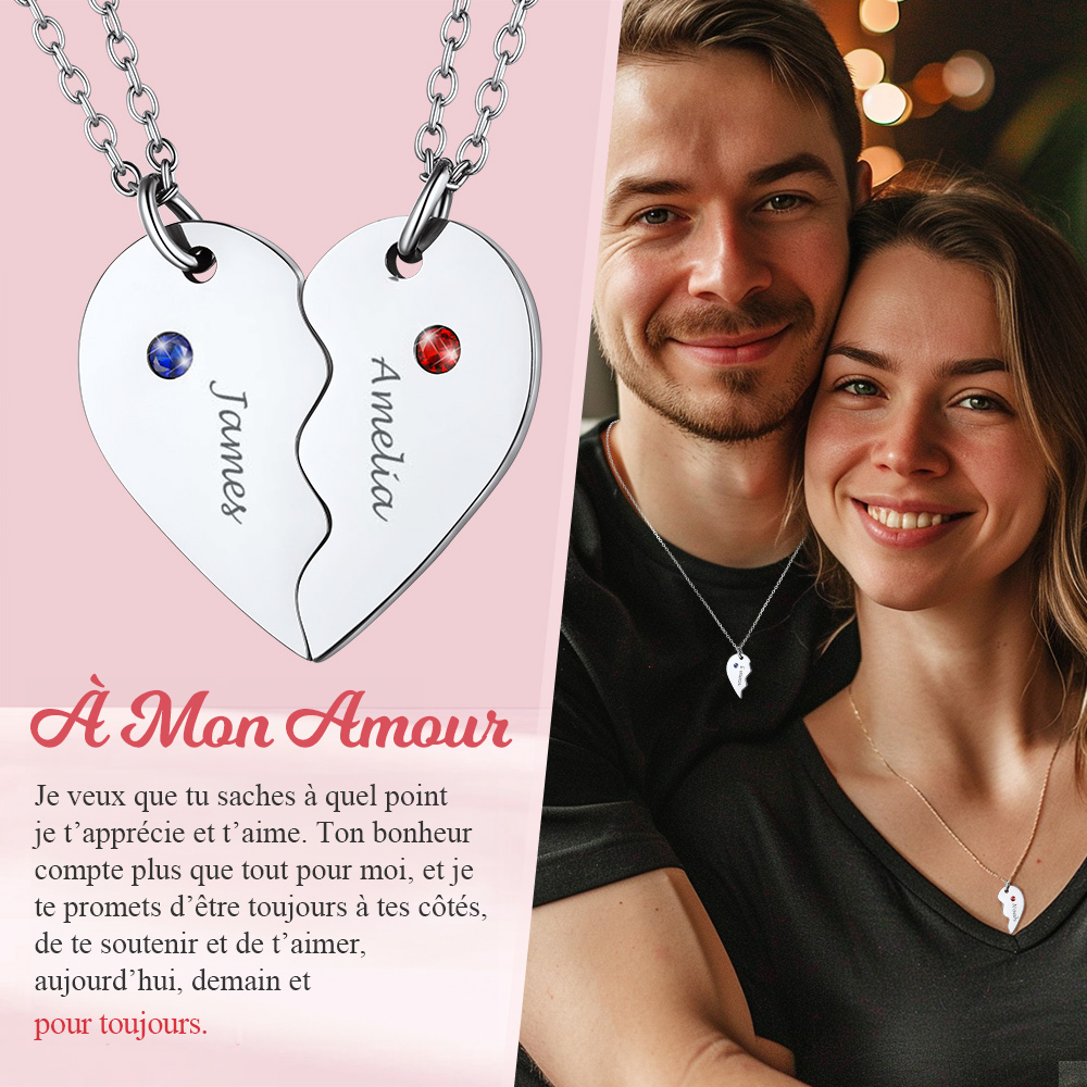Collier Cœur Puzzle avec Prénoms Gravés et Pierres de Naissance