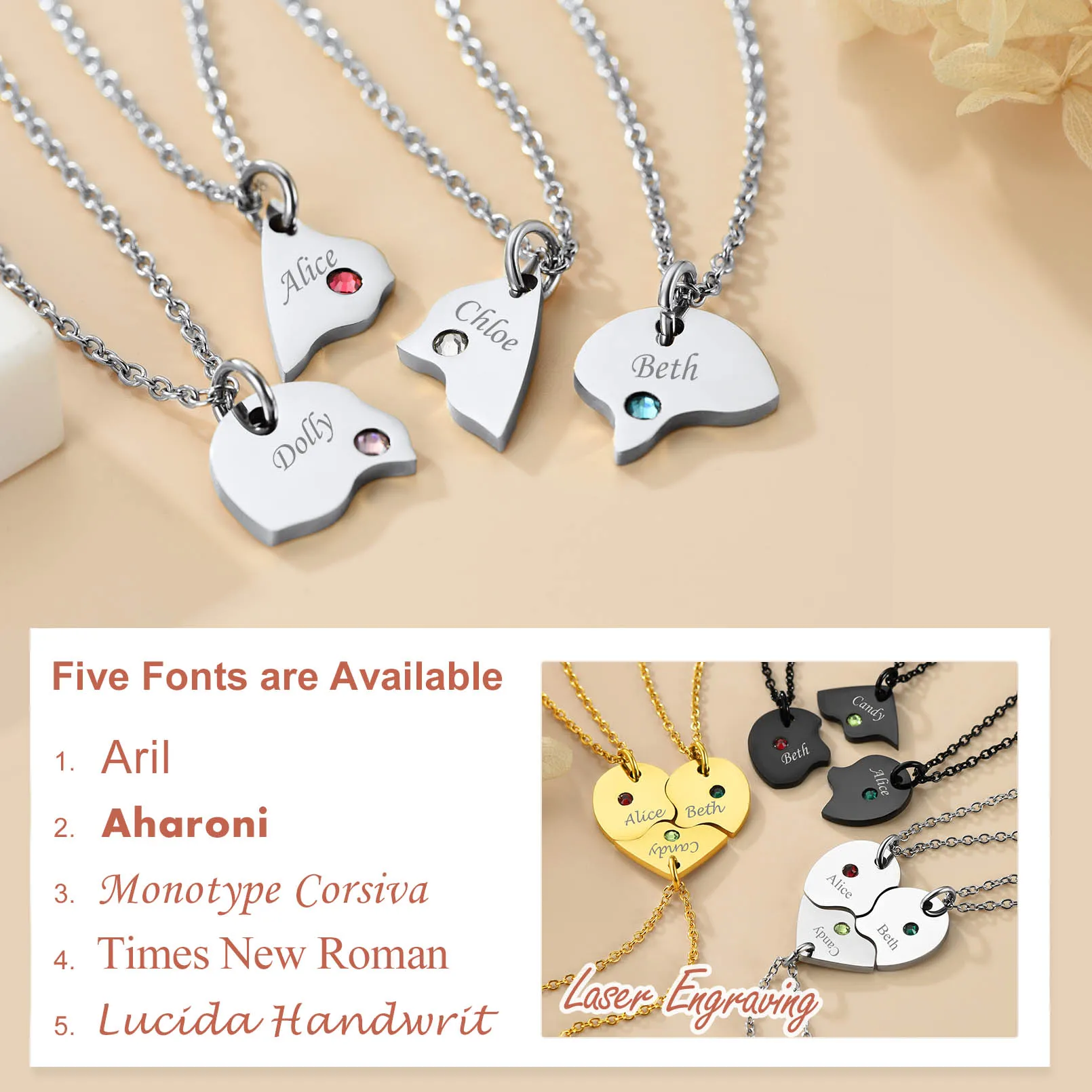 Collier Puzzle Cœur Personnalisé avec Pierre de Naissance pour Couple Font